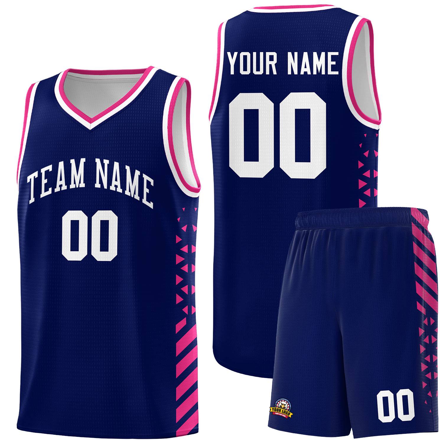 Custom Navy Basketball Kits With Side Rose Red Diamond Stripe Pattern