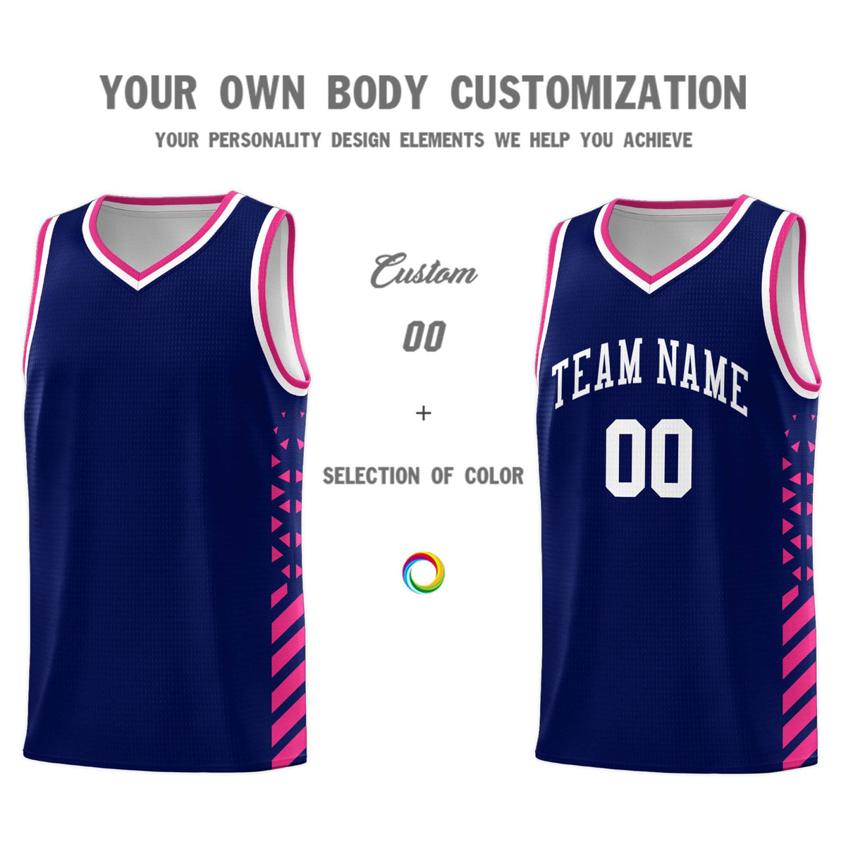 Custom Navy Basketball Kits With Side Rose Red Diamond Stripe Pattern