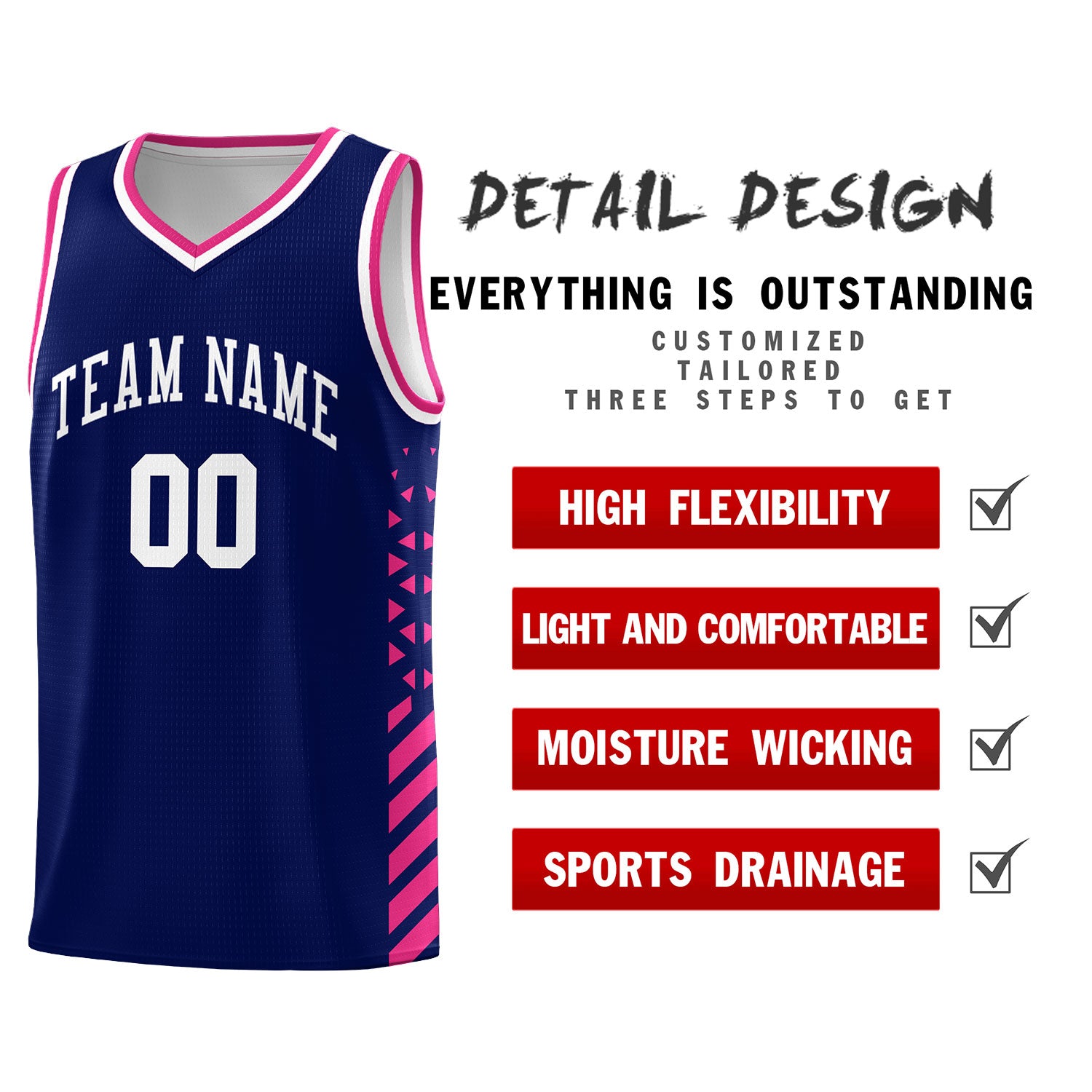 Custom Navy Basketball Kits With Side Rose Red Diamond Stripe Pattern