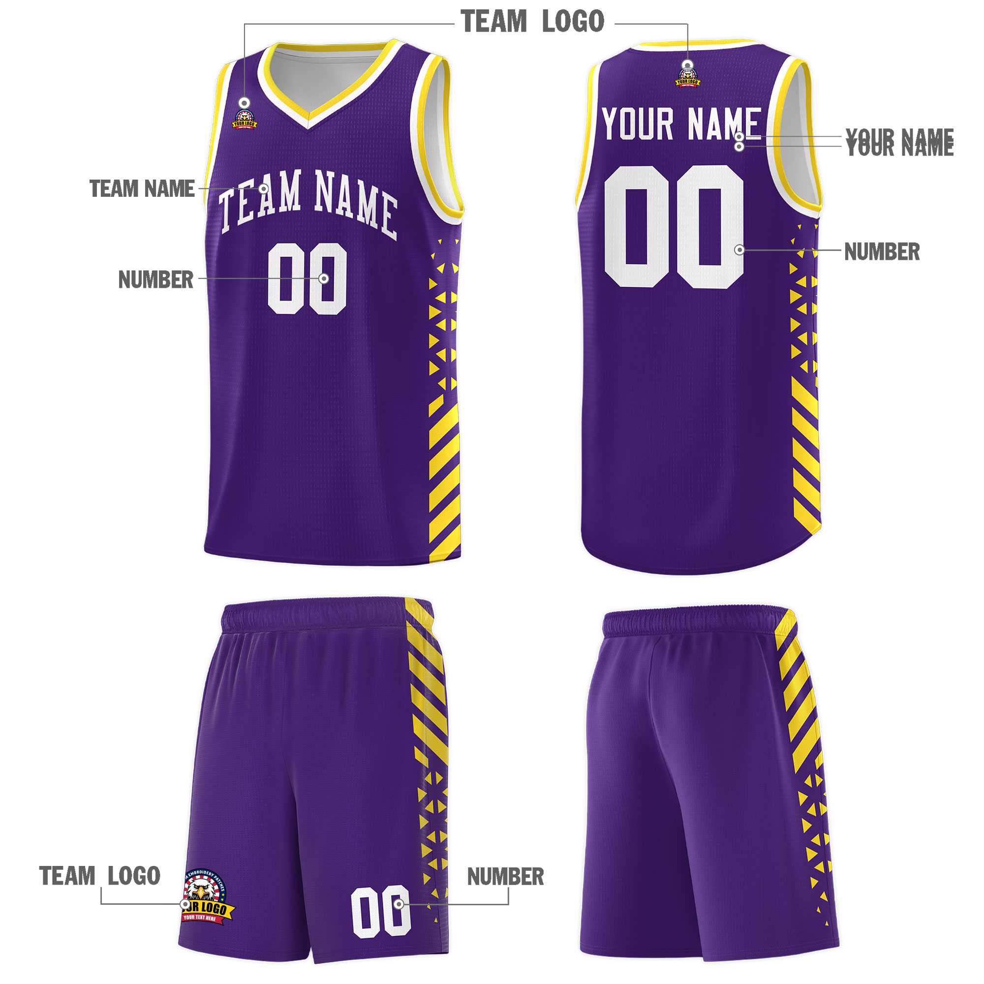 Custom Purple Basketball Kits With Side Gold Diamond Stripe Pattern
