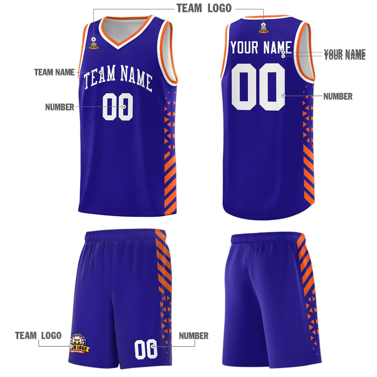 Custom Royal Basketball Kits With Side Orange Diamond Stripe Pattern