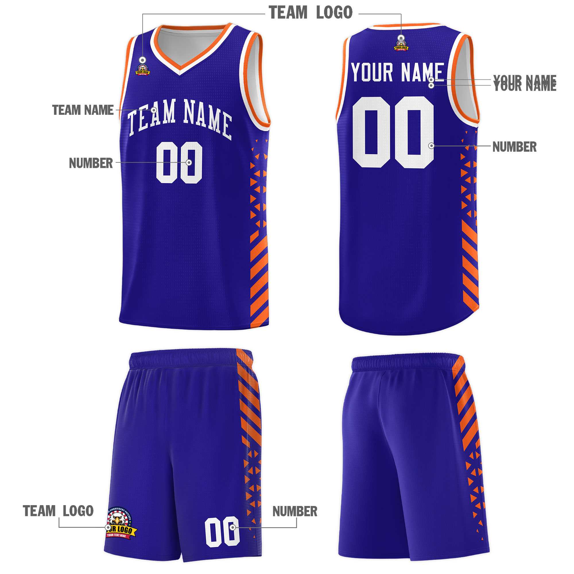 Custom Royal Basketball Kits With Side Orange Diamond Stripe Pattern