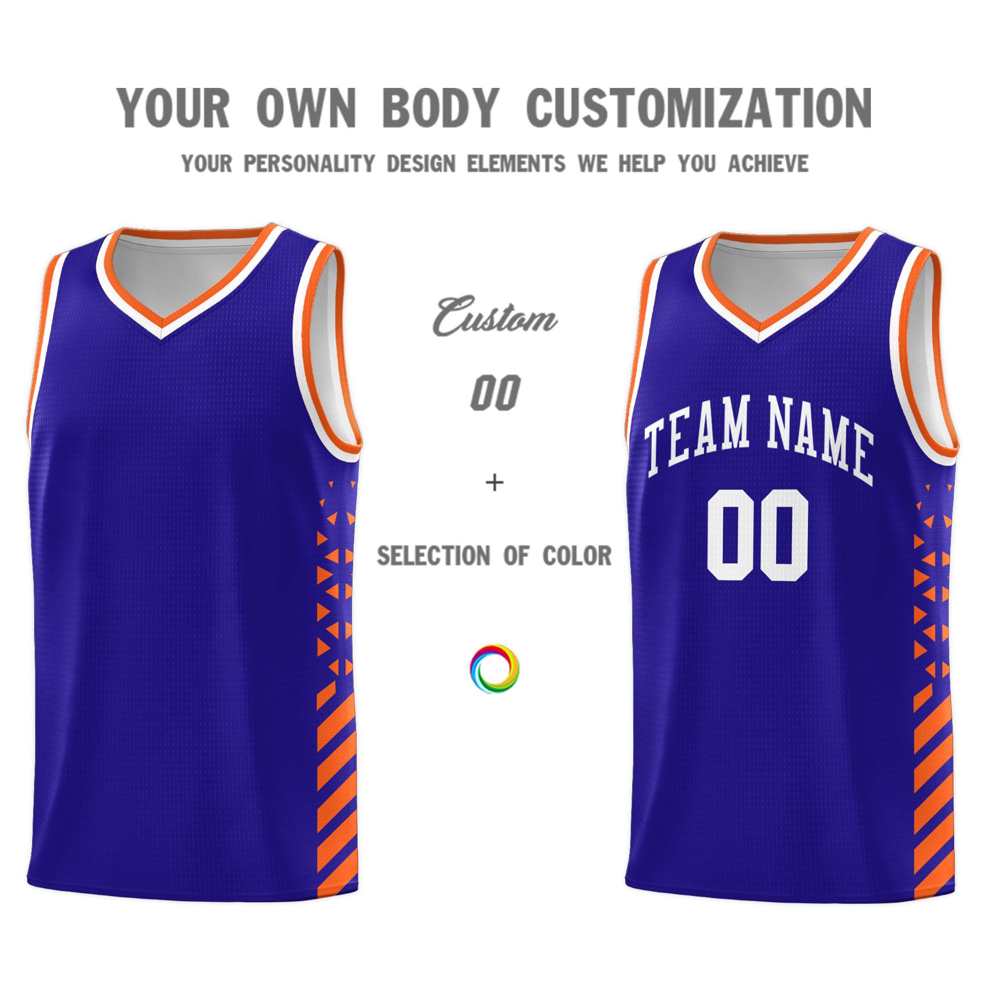 Custom Royal Basketball Kits With Side Orange Diamond Stripe Pattern
