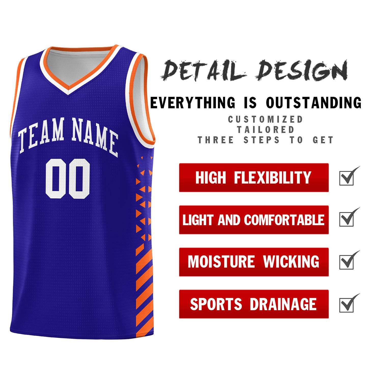 Custom Royal Basketball Kits With Side Orange Diamond Stripe Pattern