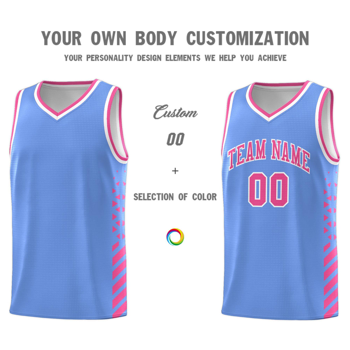 Custom Light Blue Basketball Kits With Side Pink Diamond Stripe Pattern