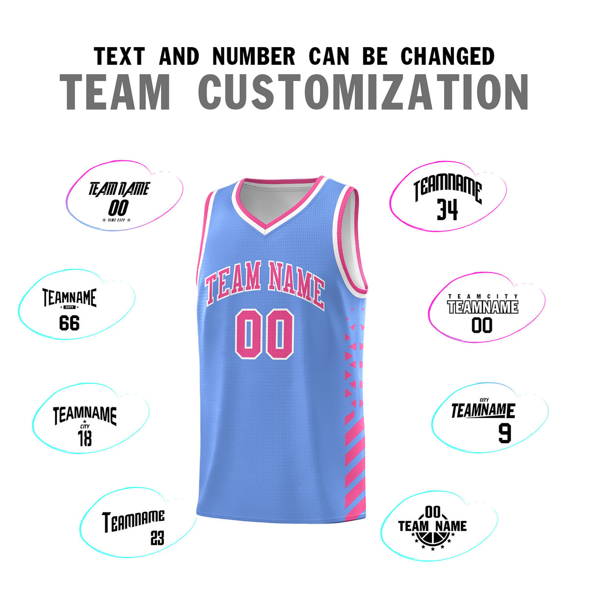 Custom Light Blue Basketball Kits With Side Pink Diamond Stripe Pattern