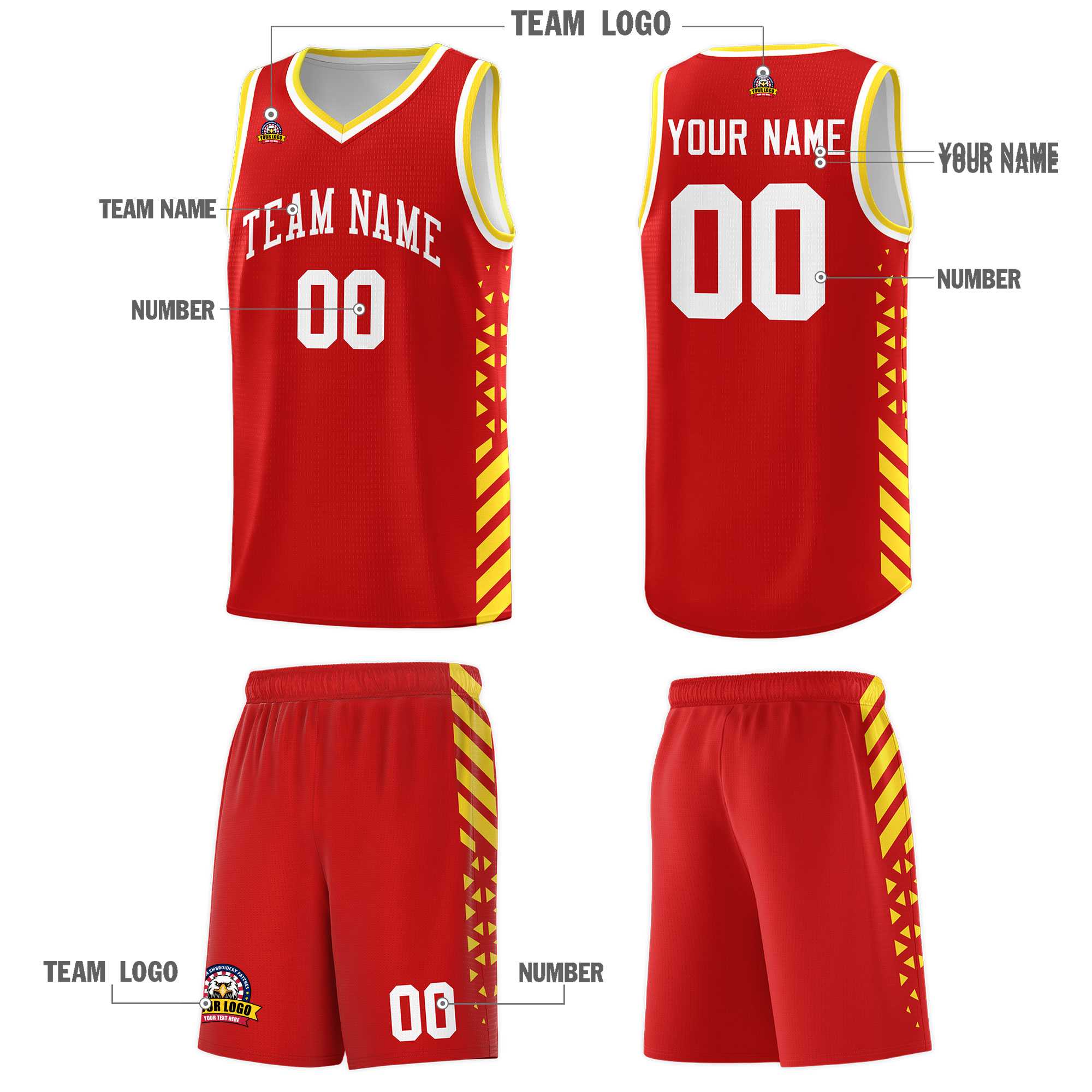 Custom Red Basketball Kits With Side Gold Diamond Stripe Pattern