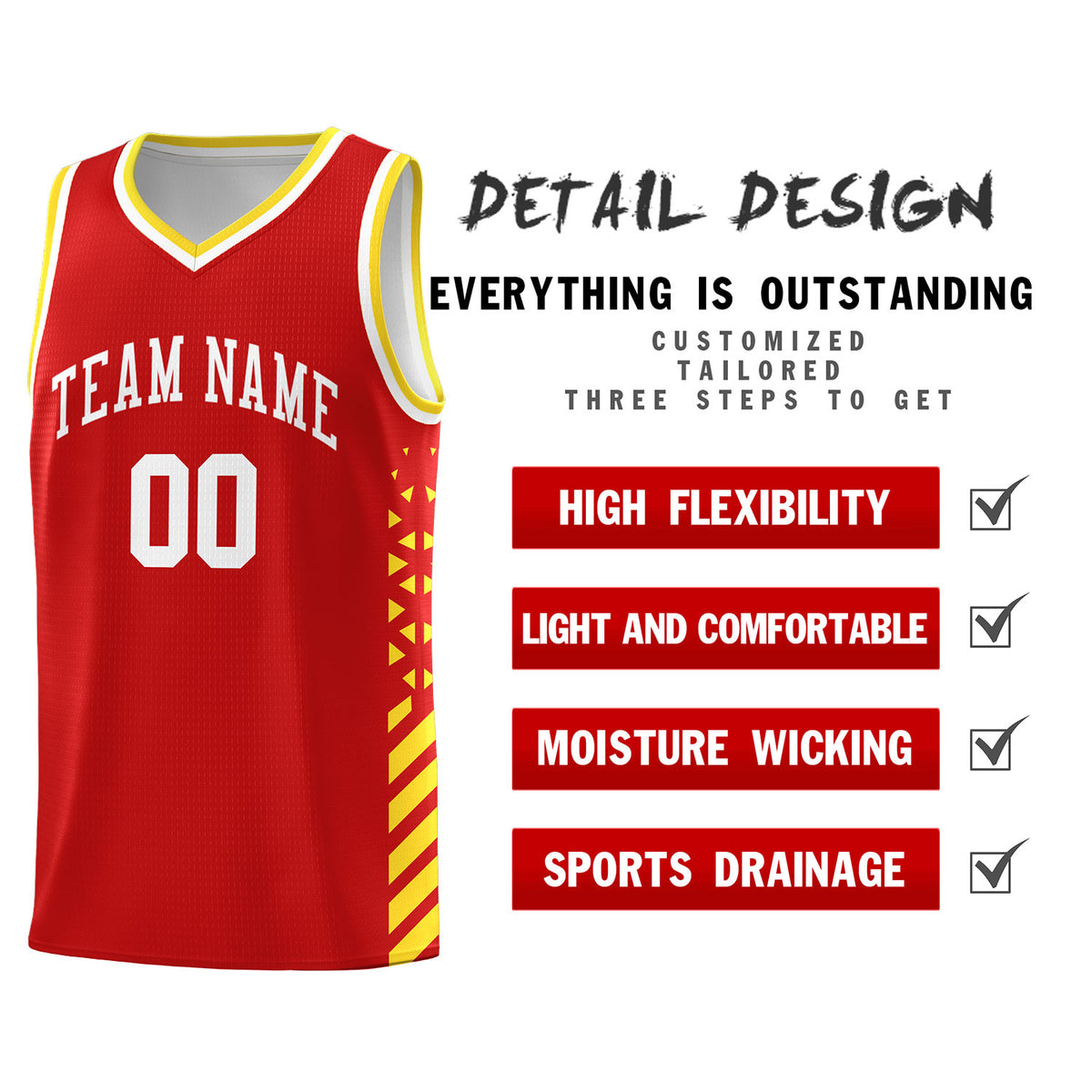 Custom Red Basketball Kits With Side Gold Diamond Stripe Pattern
