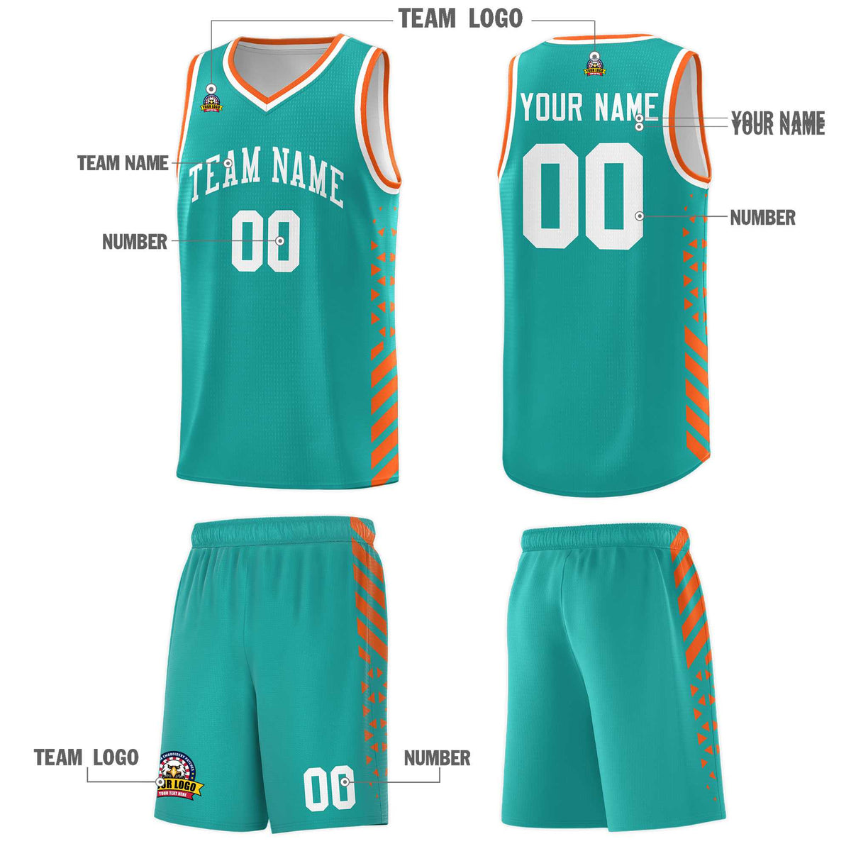 Custom Aqua Basketball Kits With Side Orange Diamond Stripe Pattern