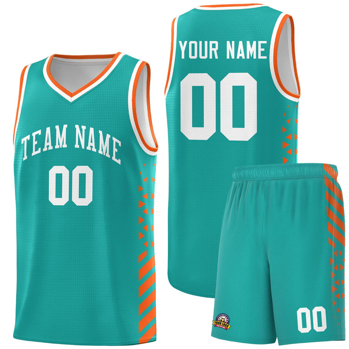 Custom Aqua Basketball Kits With Side Orange Diamond Stripe Pattern