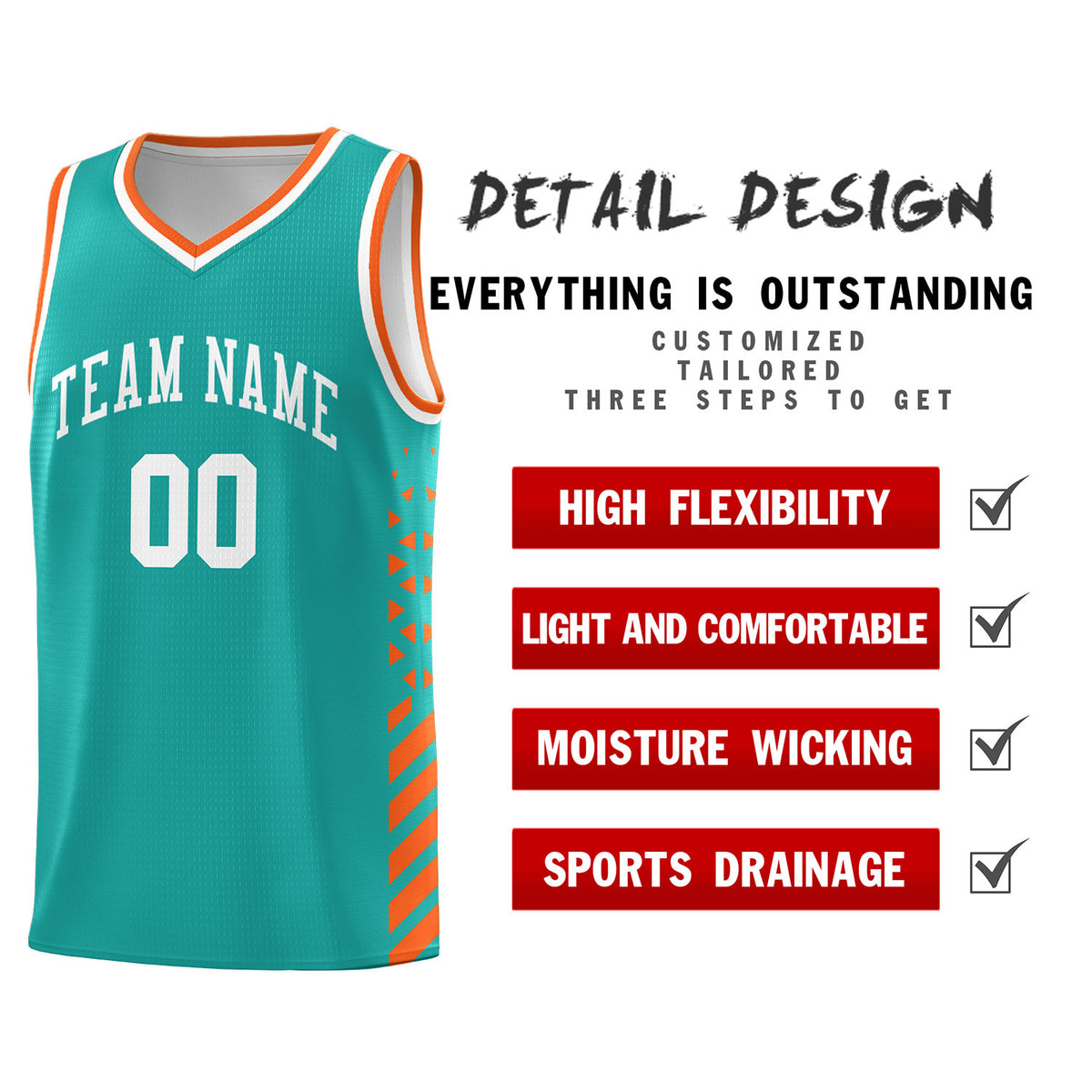 Custom Aqua Basketball Kits With Side Orange Diamond Stripe Pattern