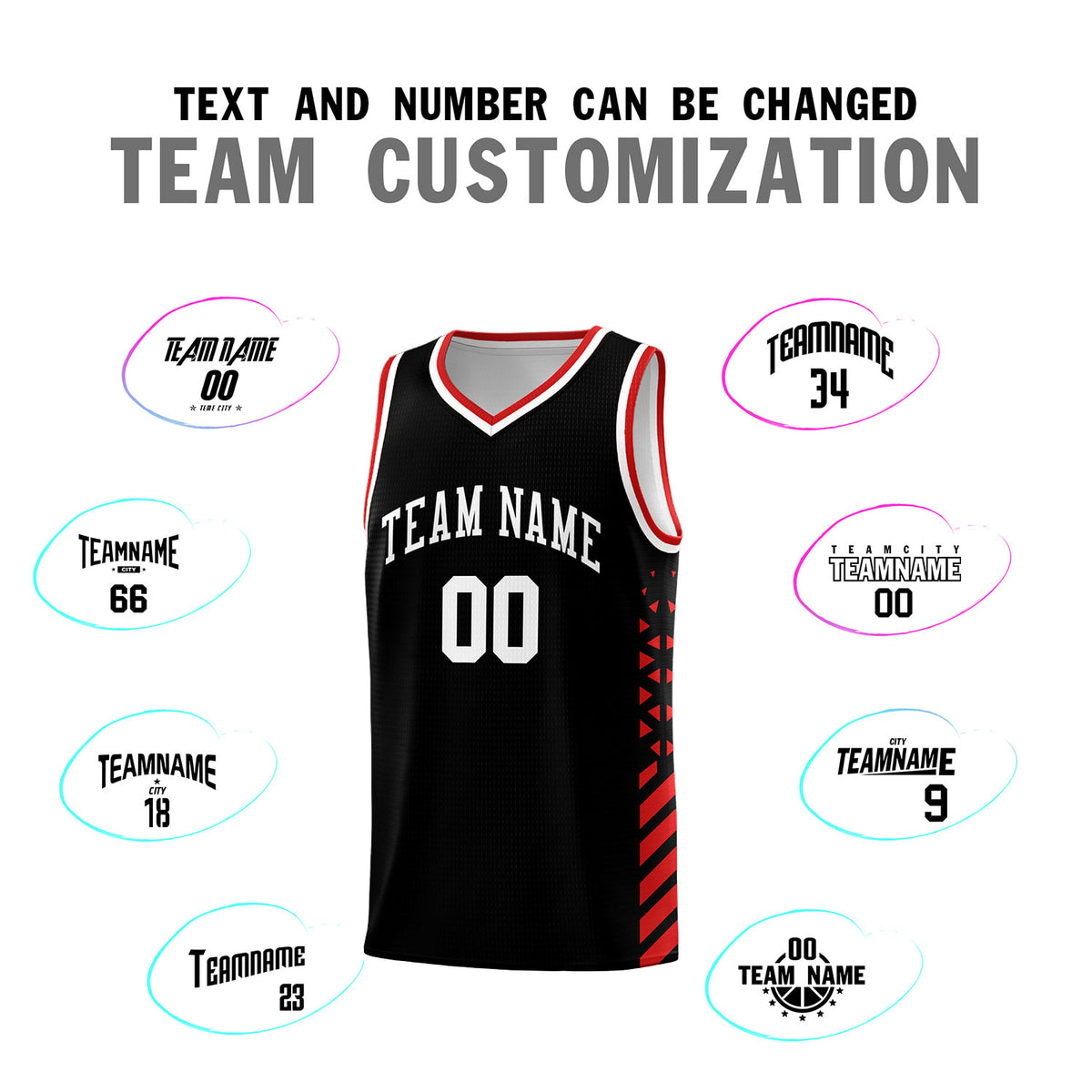 Custom Black Basketball Kits With Side Red Diamond Stripe Pattern