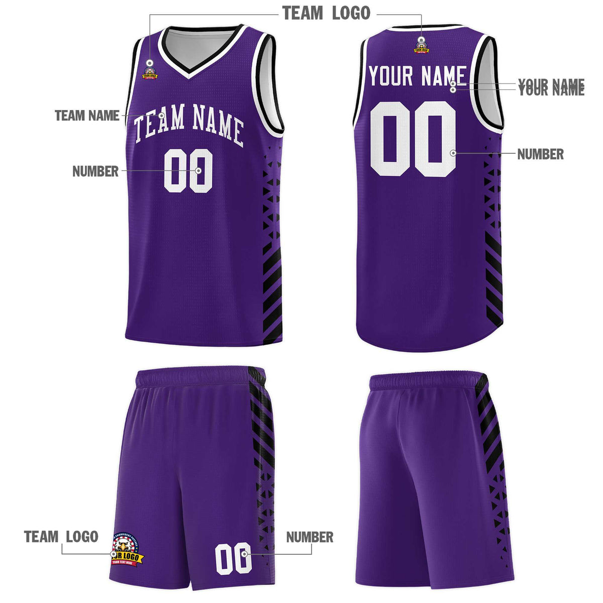 Custom Purple Basketball Kits With Side Black Diamond Stripe Pattern