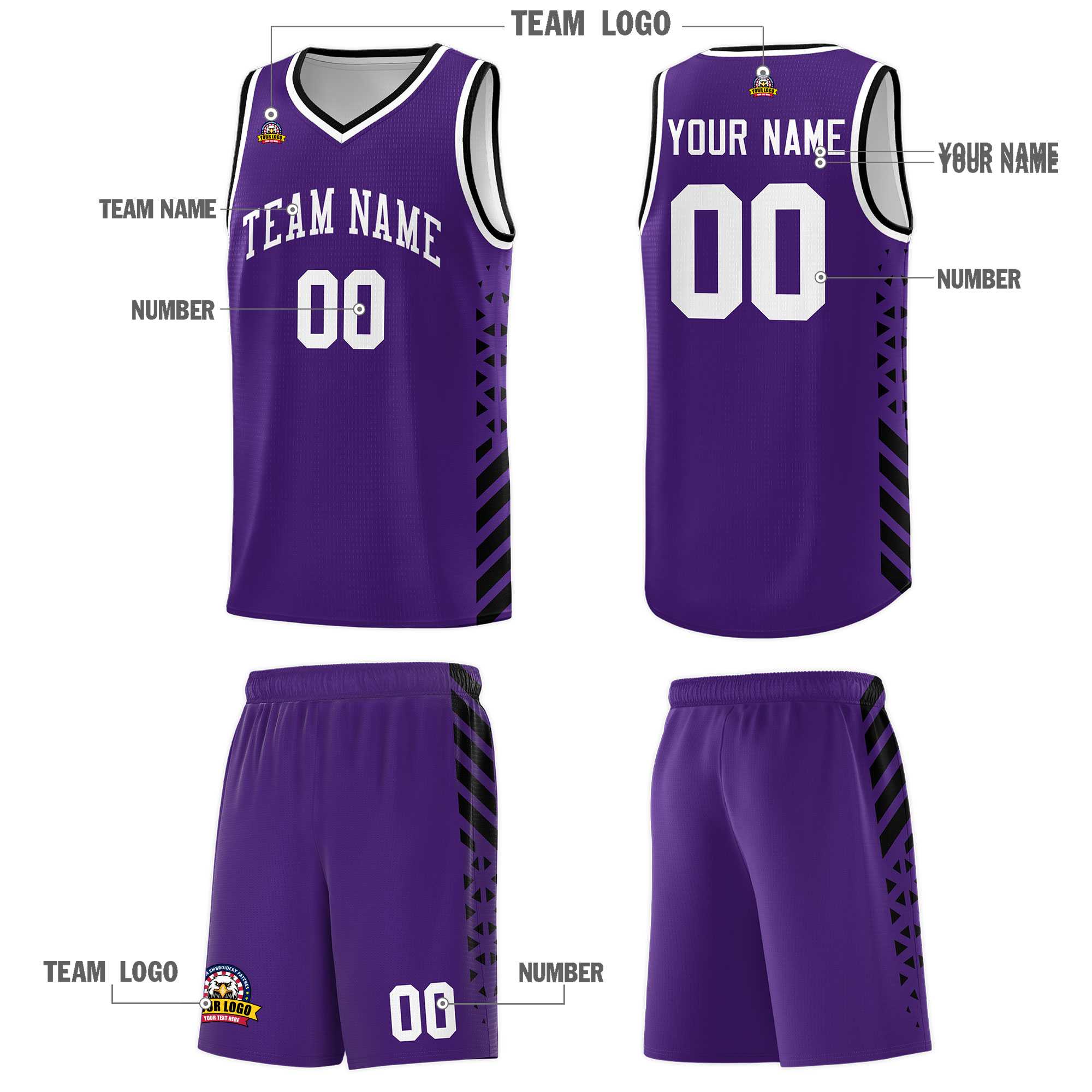 Custom Purple Basketball Kits With Side Black Diamond Stripe Pattern