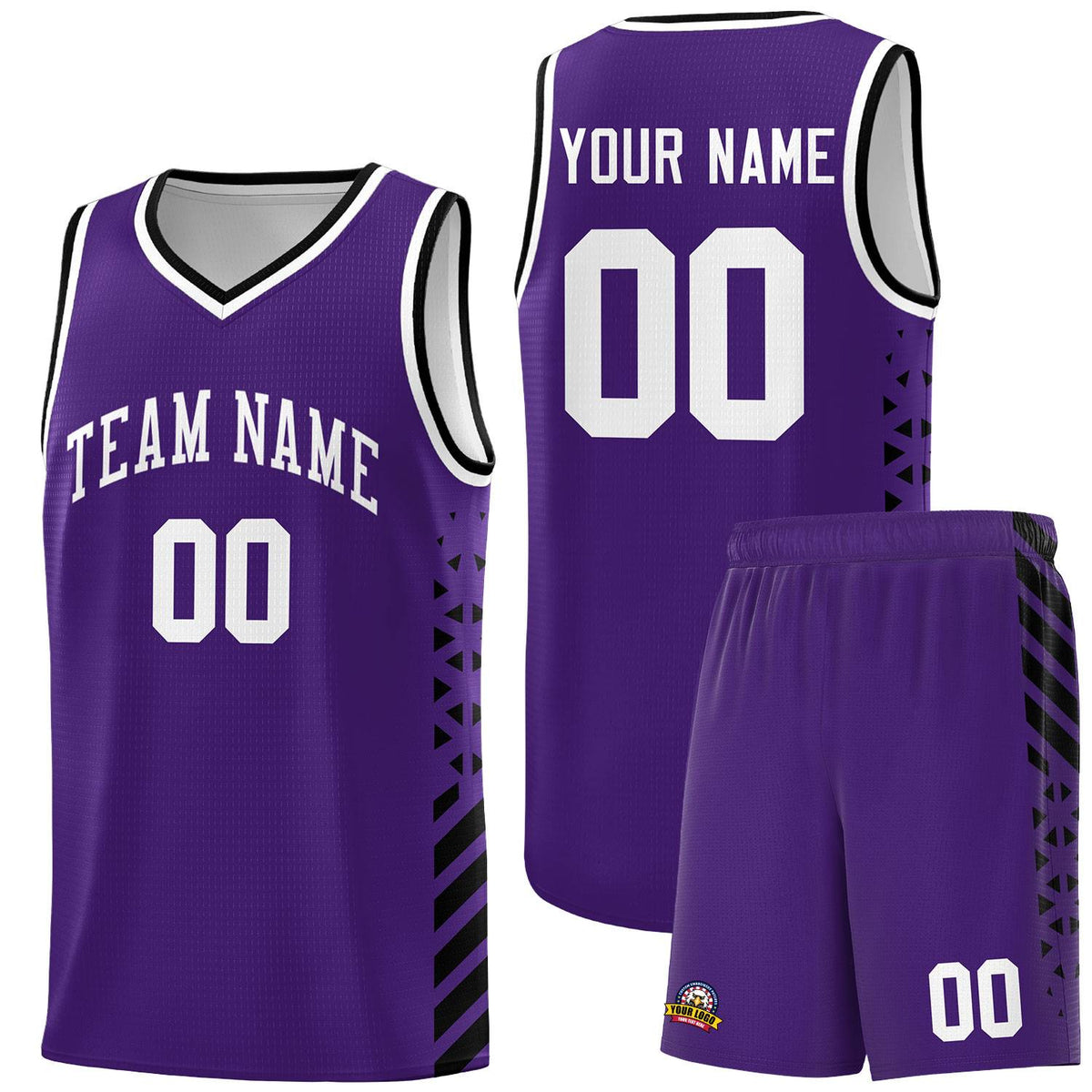 Custom Purple Basketball Kits With Side Black Diamond Stripe Pattern