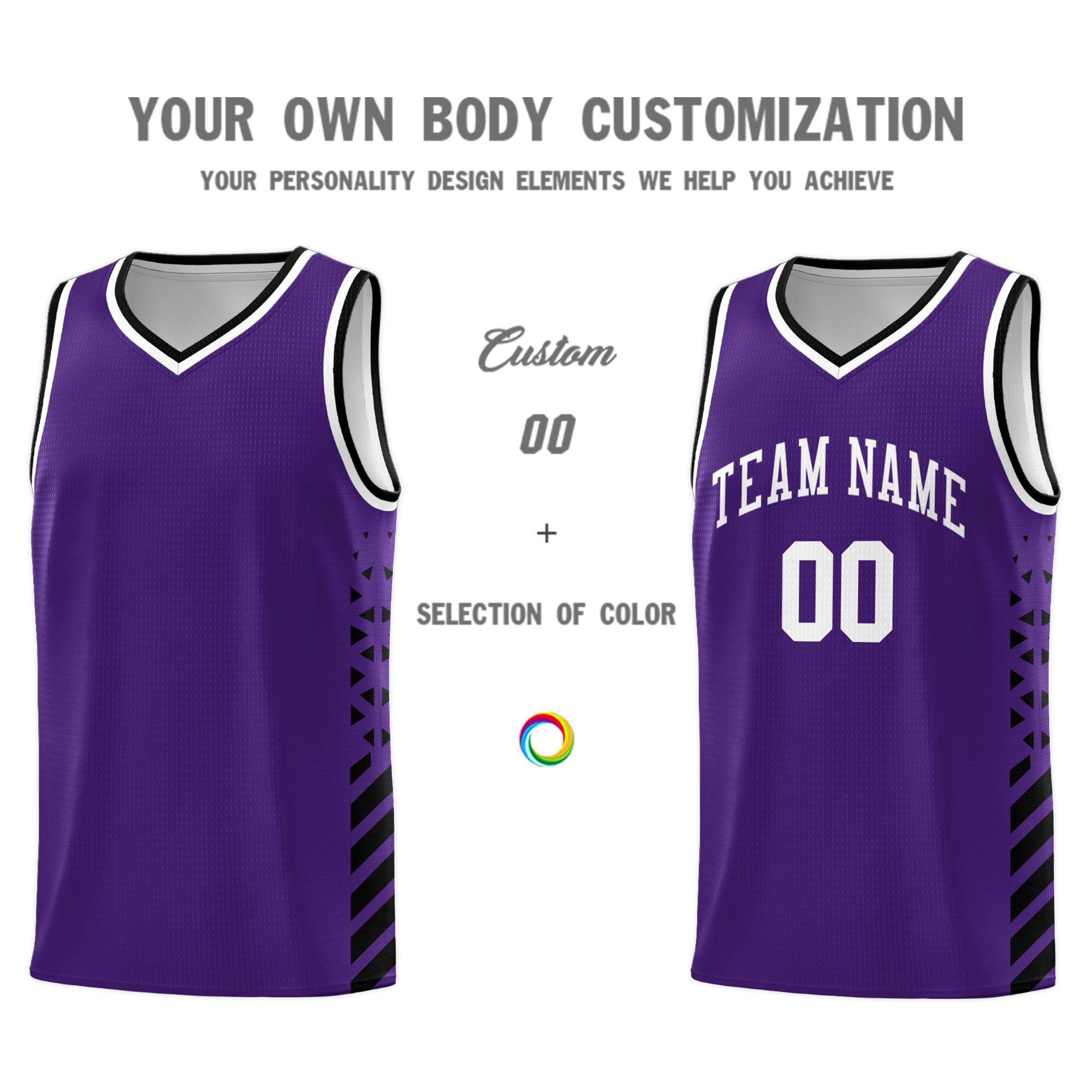 Custom Purple Basketball Kits With Side Black Diamond Stripe Pattern