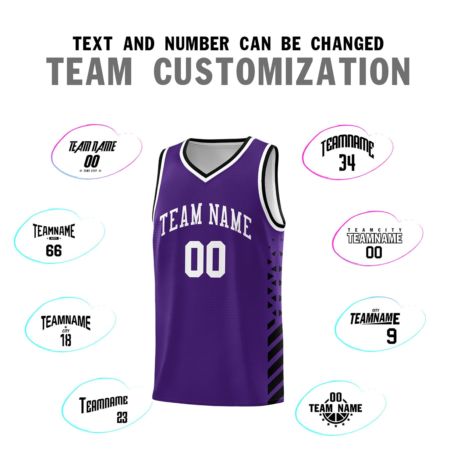 Custom Purple Basketball Kits With Side Black Diamond Stripe Pattern