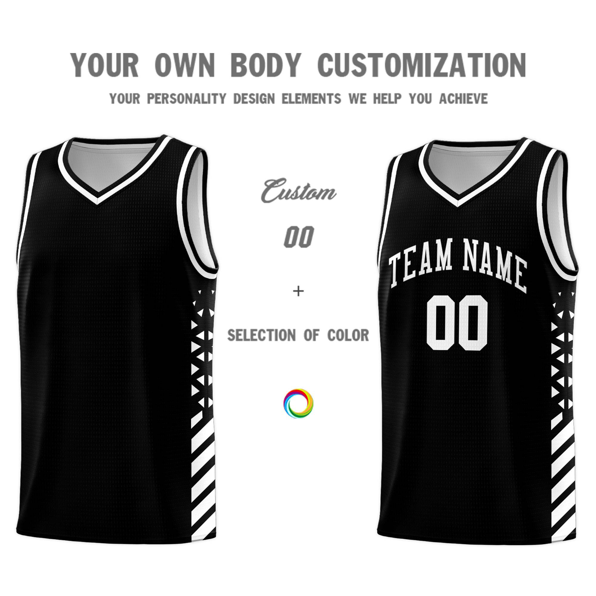 Custom Black Basketball Kits With Side White Diamond Stripe Pattern
