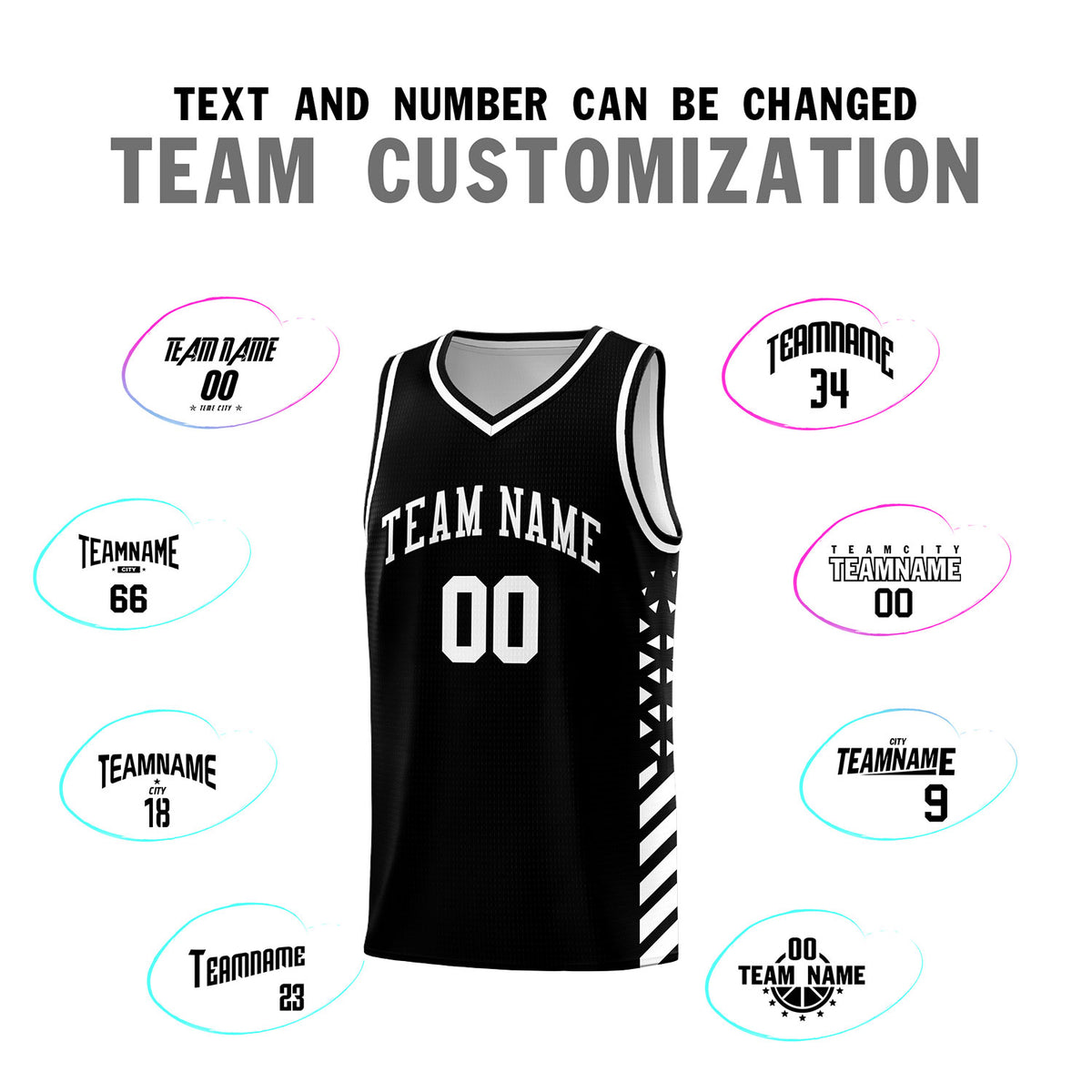 Custom Black Basketball Kits With Side White Diamond Stripe Pattern
