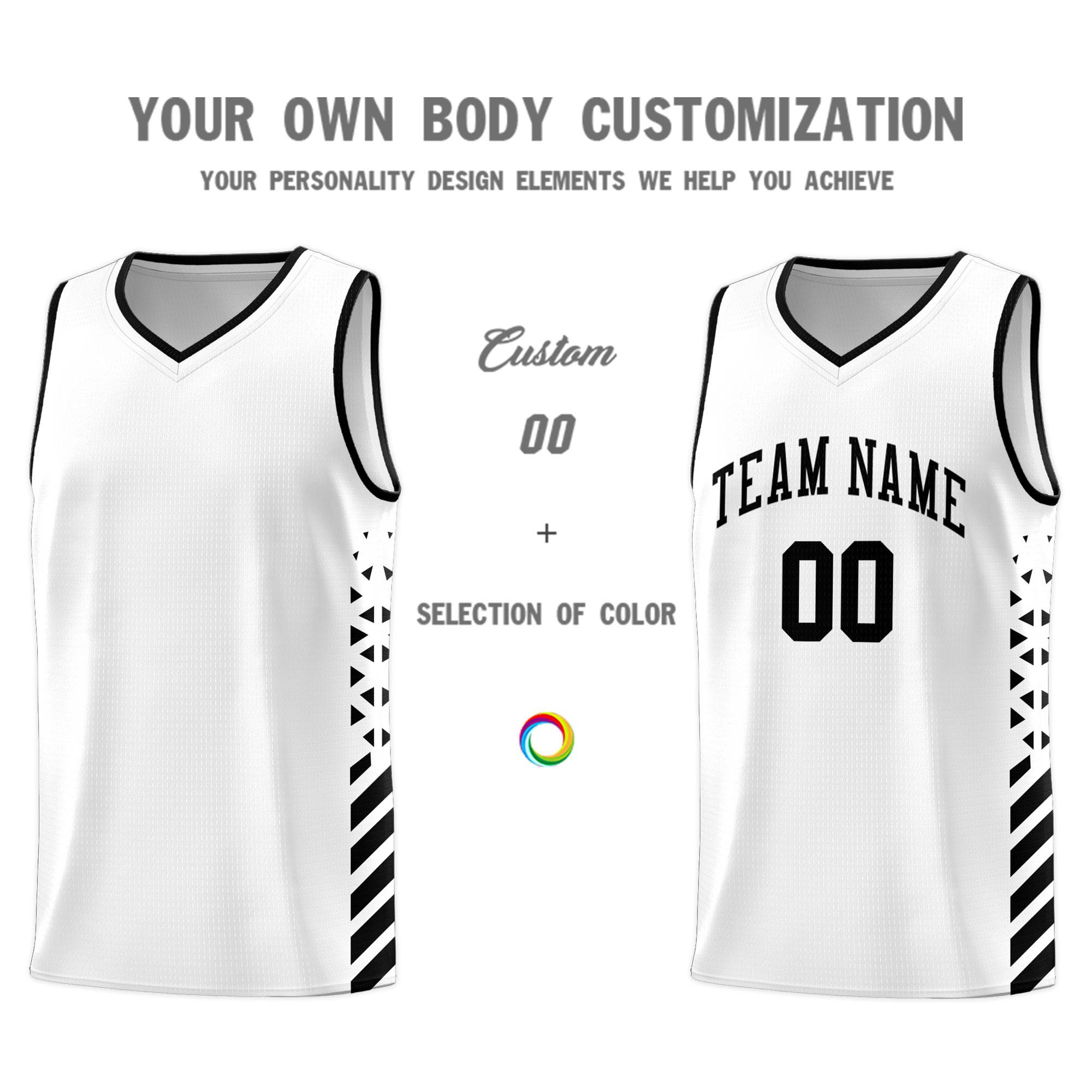 Custom White Basketball Kits With Side Black Diamond Stripe Pattern