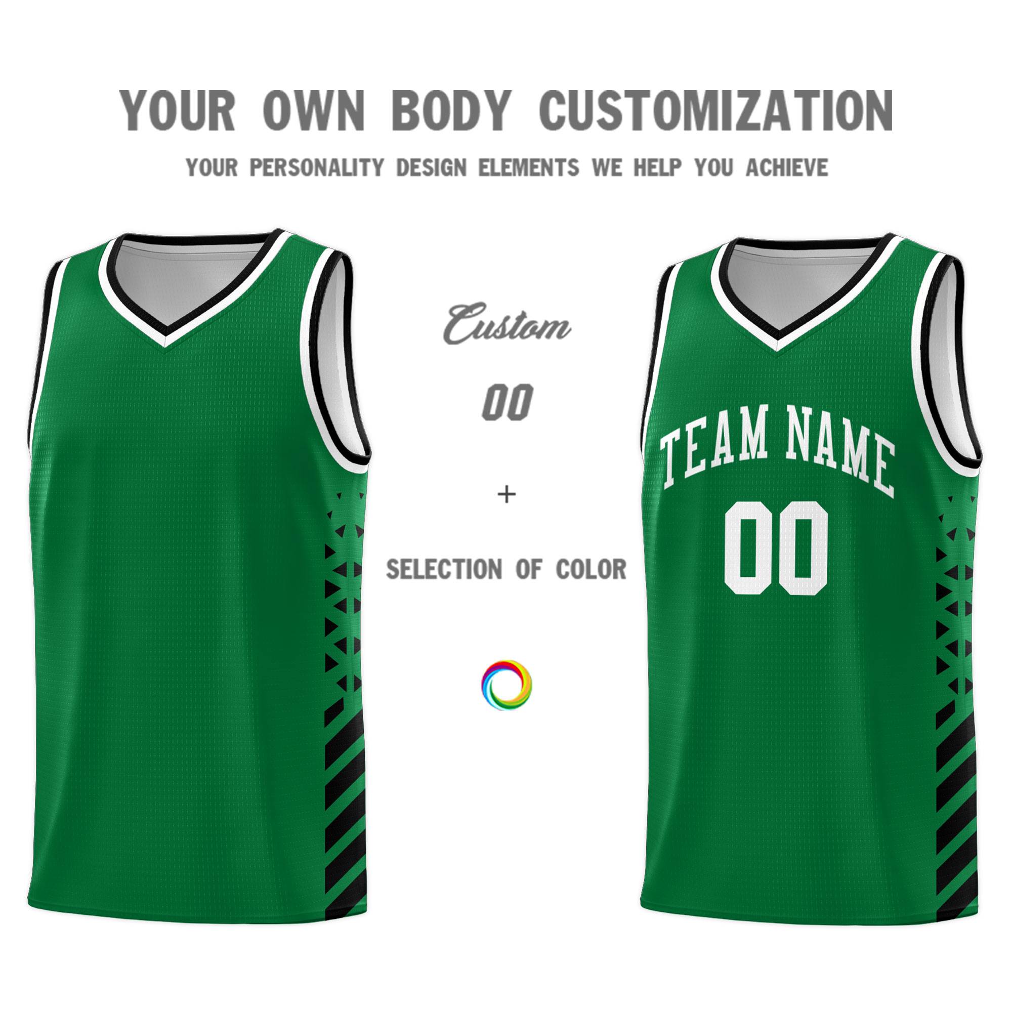 Custom Kelly Green Basketball Kits With Side Black Diamond Stripe Pattern
