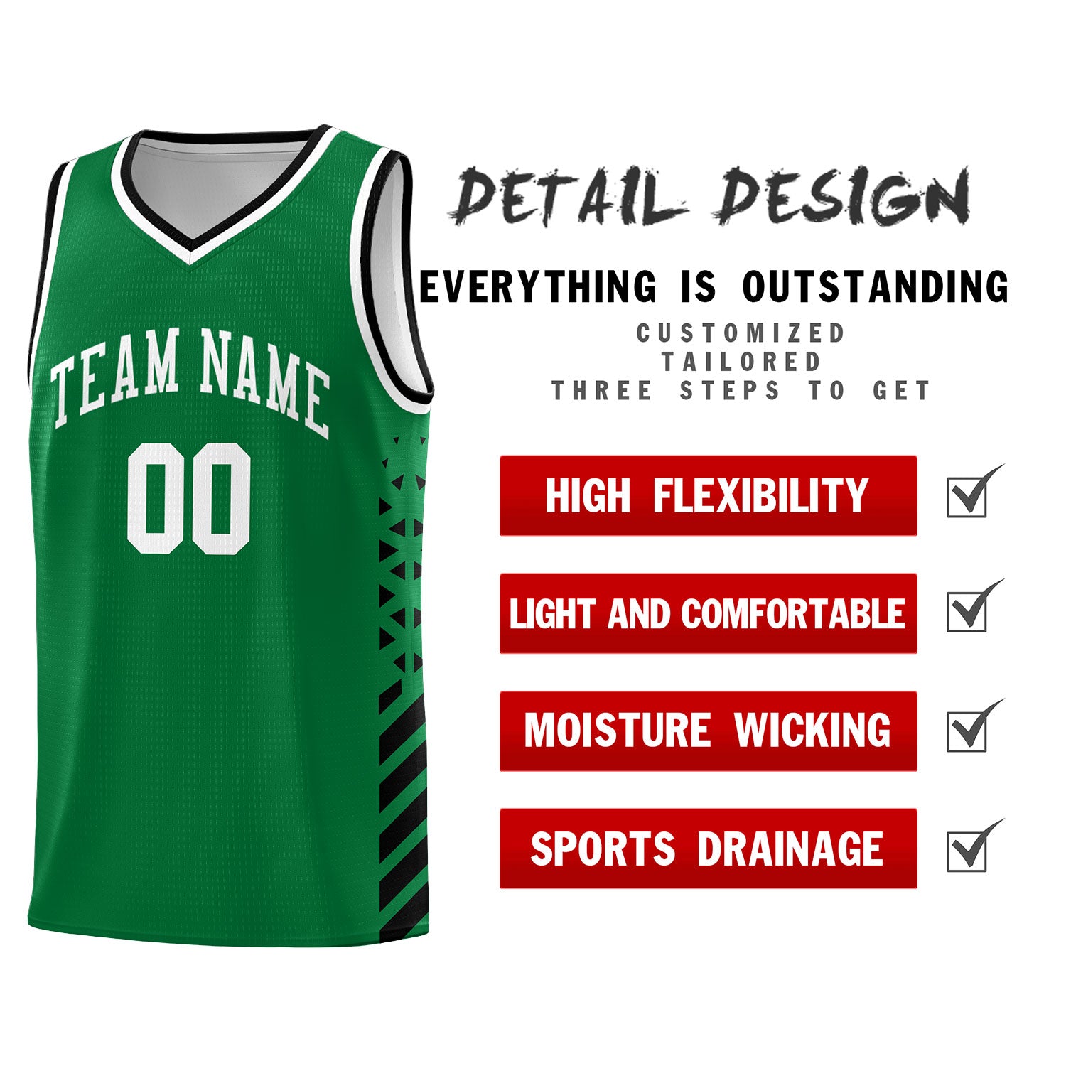 Custom Kelly Green Basketball Kits With Side Black Diamond Stripe Pattern