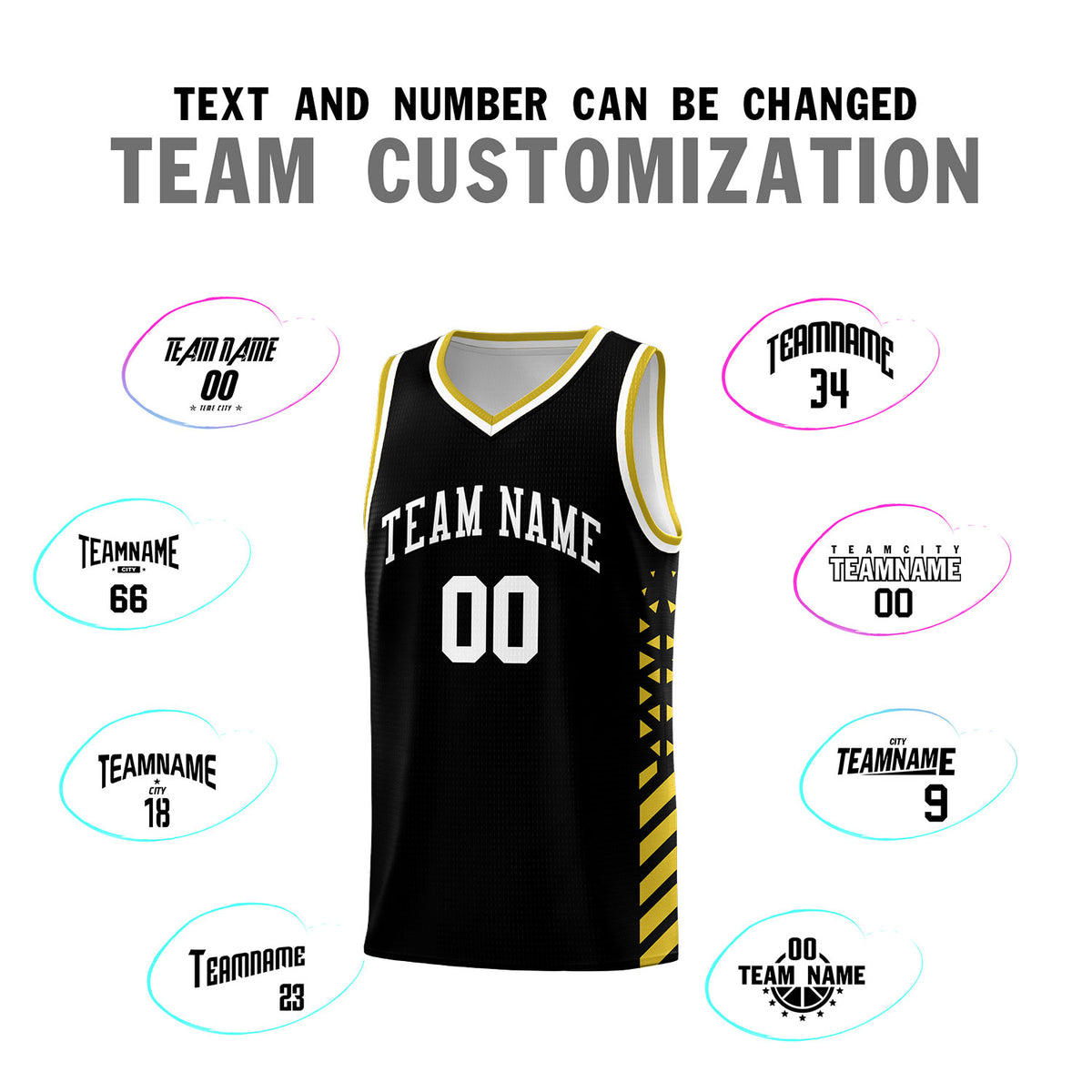 Custom Black Basketball Kits With Side Old Gold Diamond Stripe Pattern