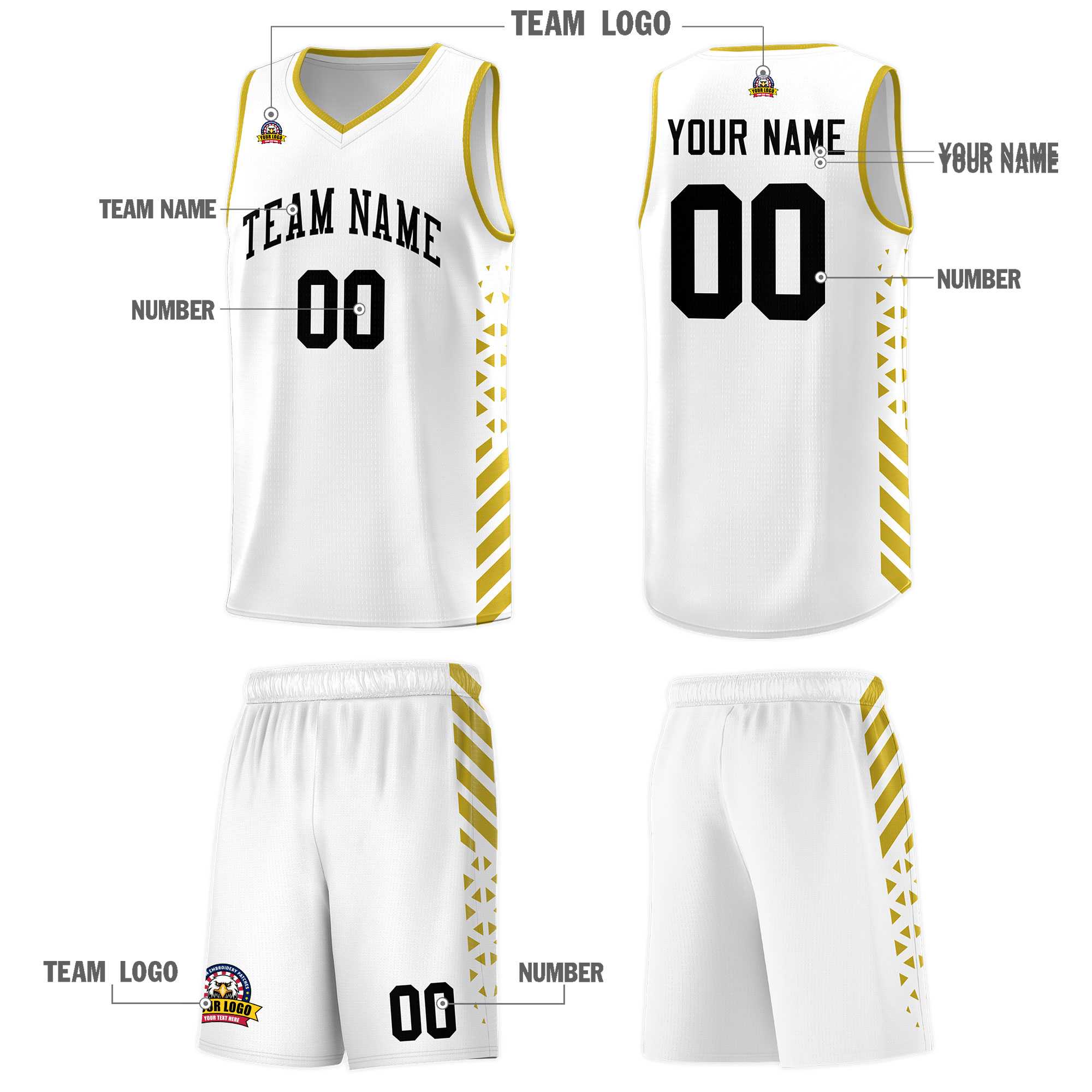 Custom White Basketball Kits With Side Old Gold Diamond Stripe Pattern
