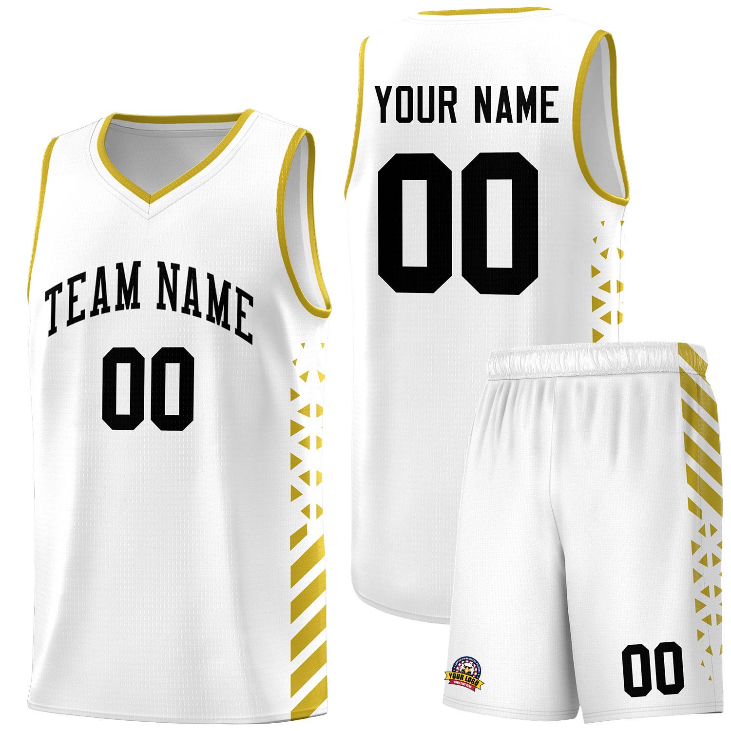 Custom White Basketball Kits With Side Old Gold Diamond Stripe Pattern