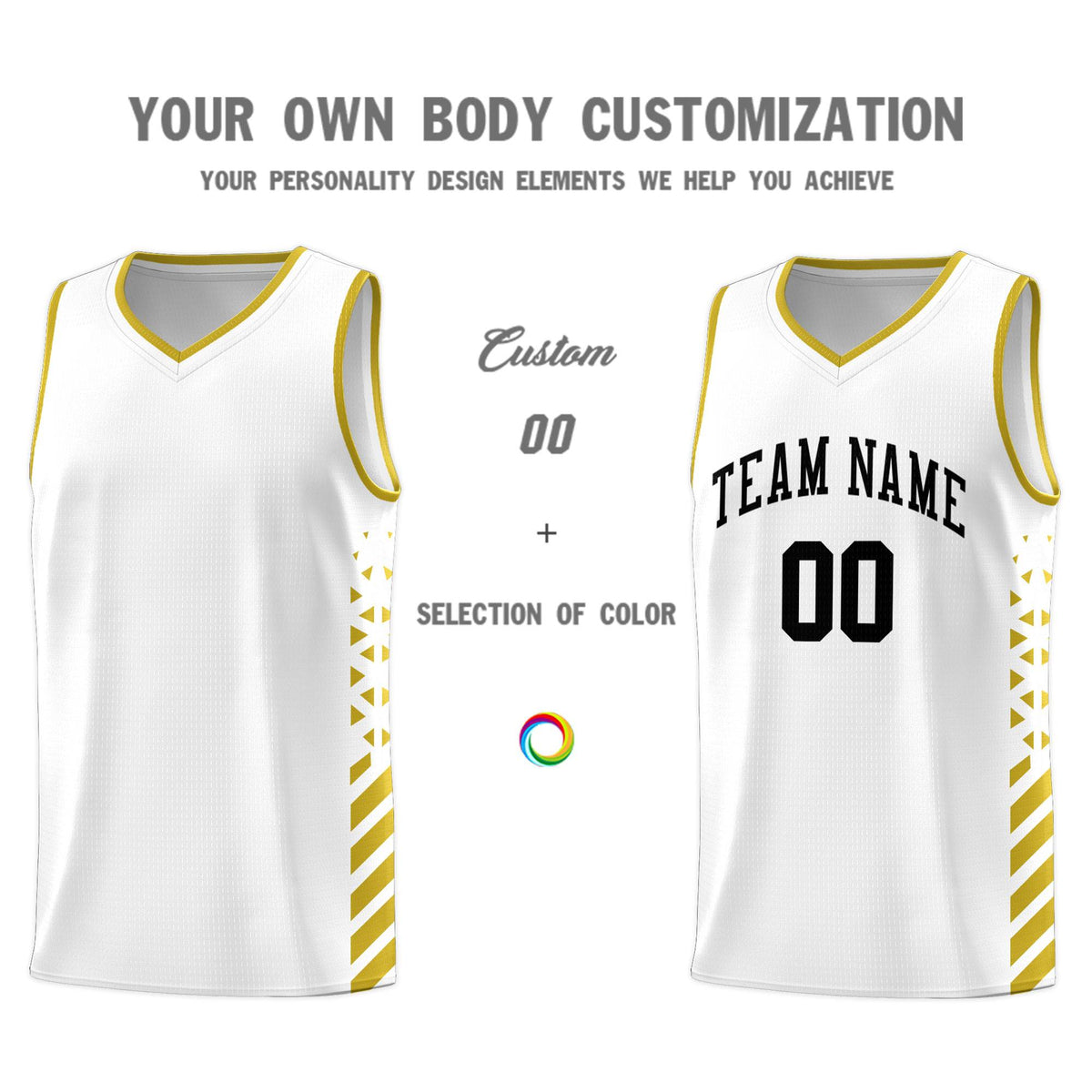 Custom White Basketball Kits With Side Old Gold Diamond Stripe Pattern