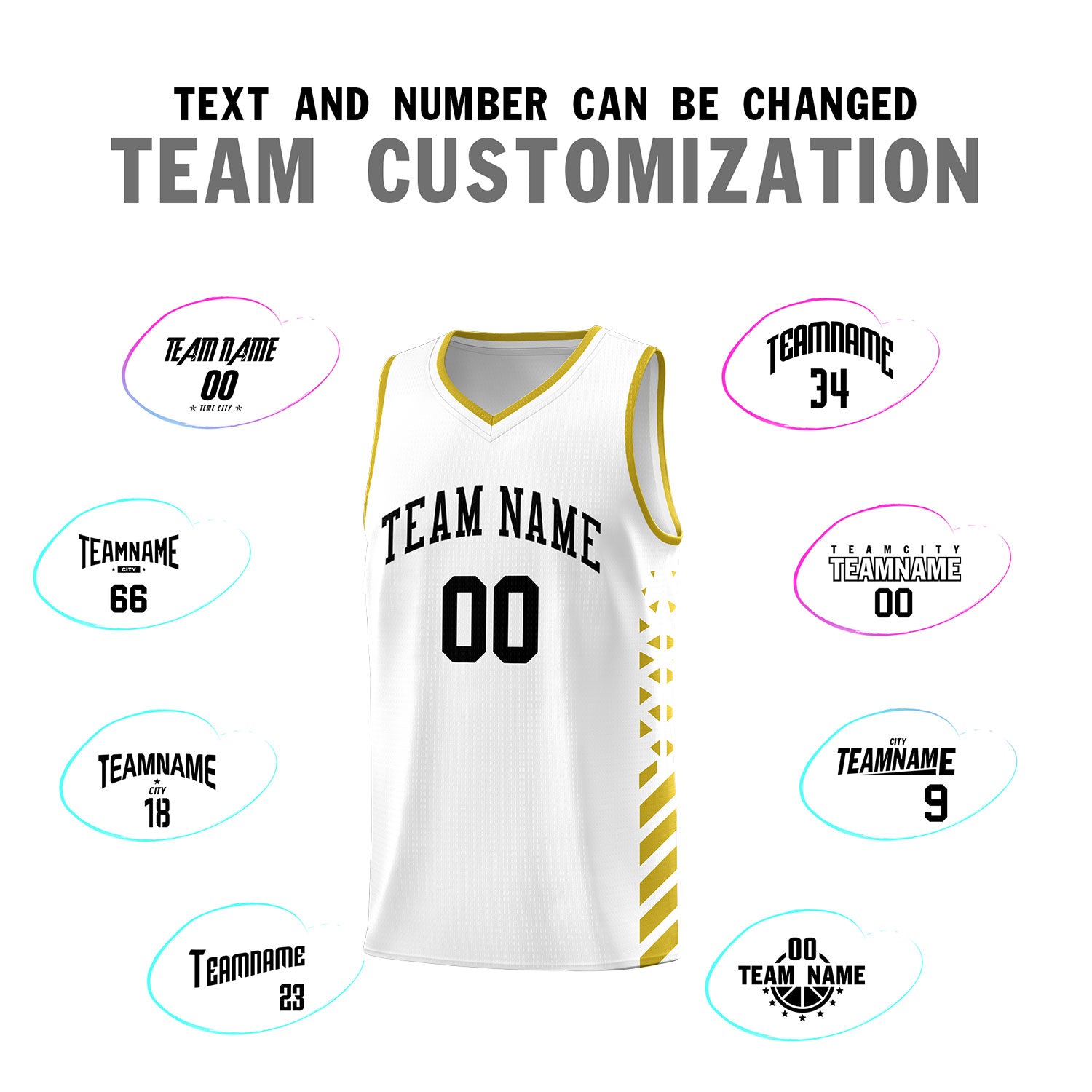 Custom White Basketball Kits With Side Old Gold Diamond Stripe Pattern