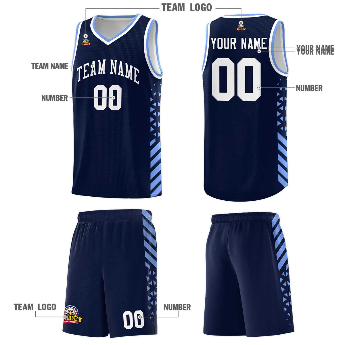 Custom Navy Basketball Kits With Side Light Blue Diamond Stripe Pattern