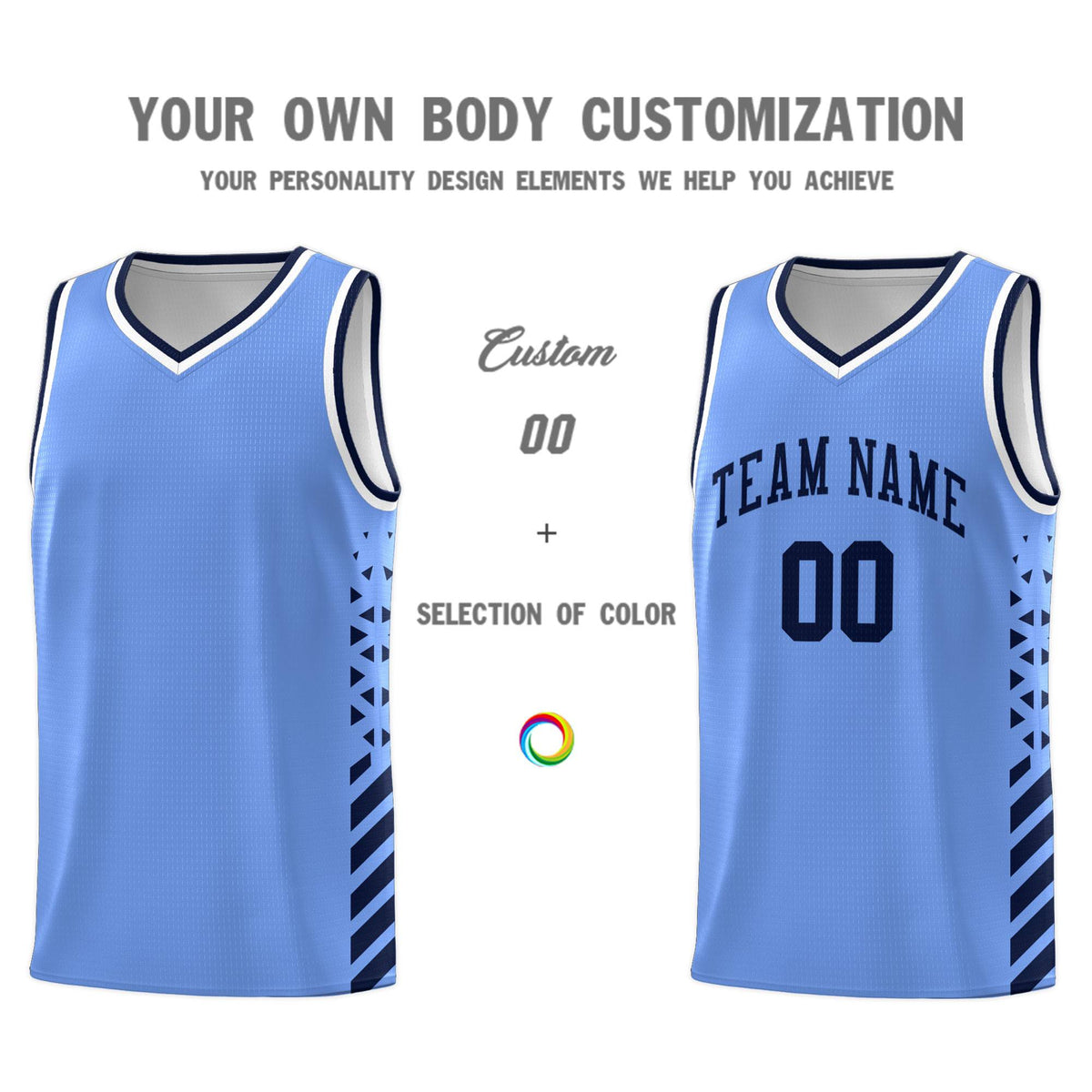 Custom Light Blue Basketball Kits With Side Navy Diamond Stripe Pattern