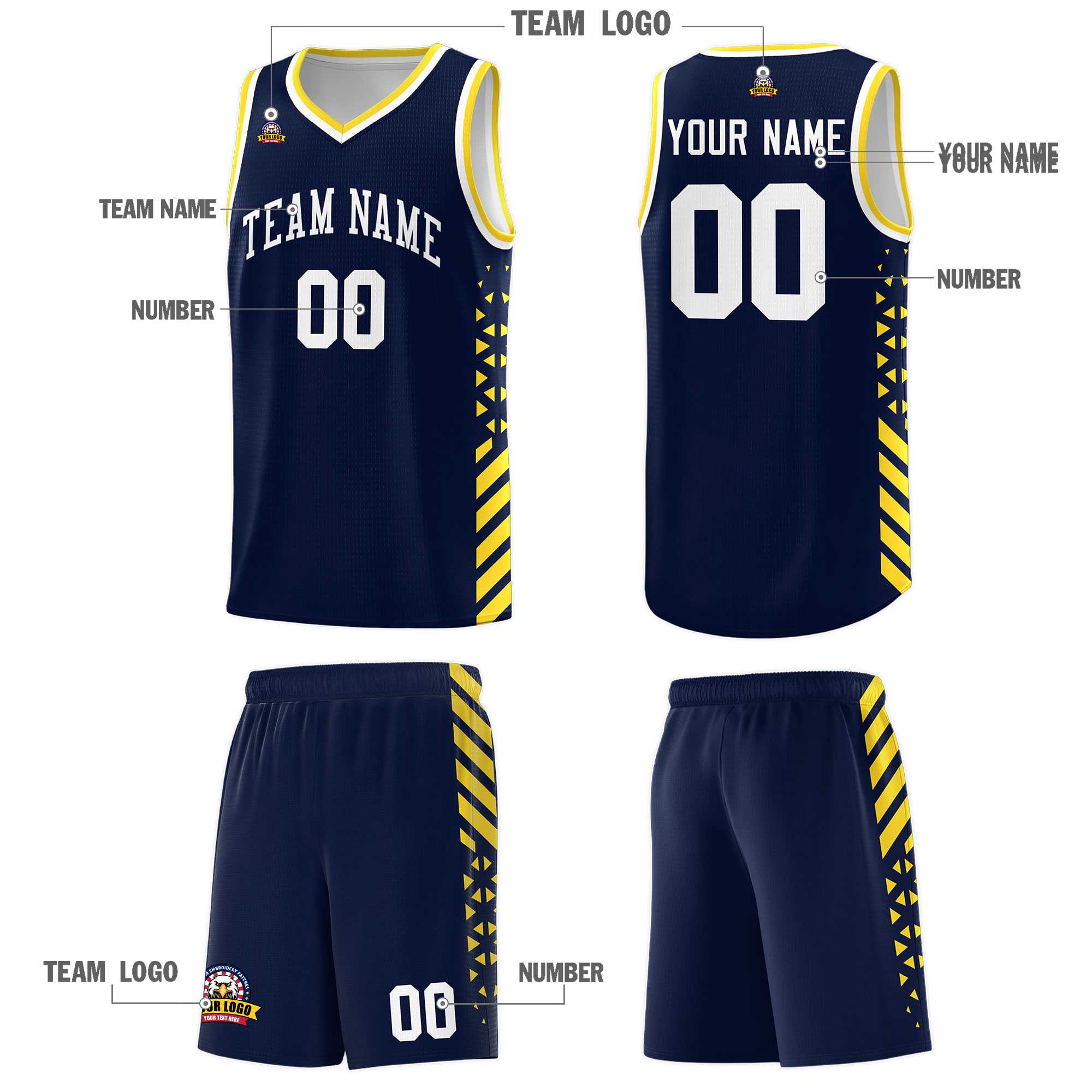 Custom Navy Basketball Kits With Side Gold Diamond Stripe Pattern