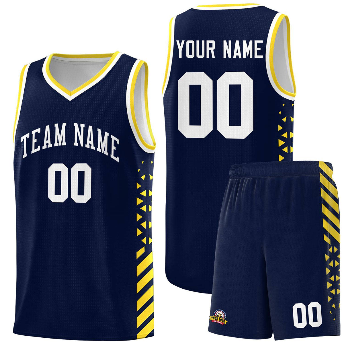 Custom Navy Basketball Kits With Side Gold Diamond Stripe Pattern