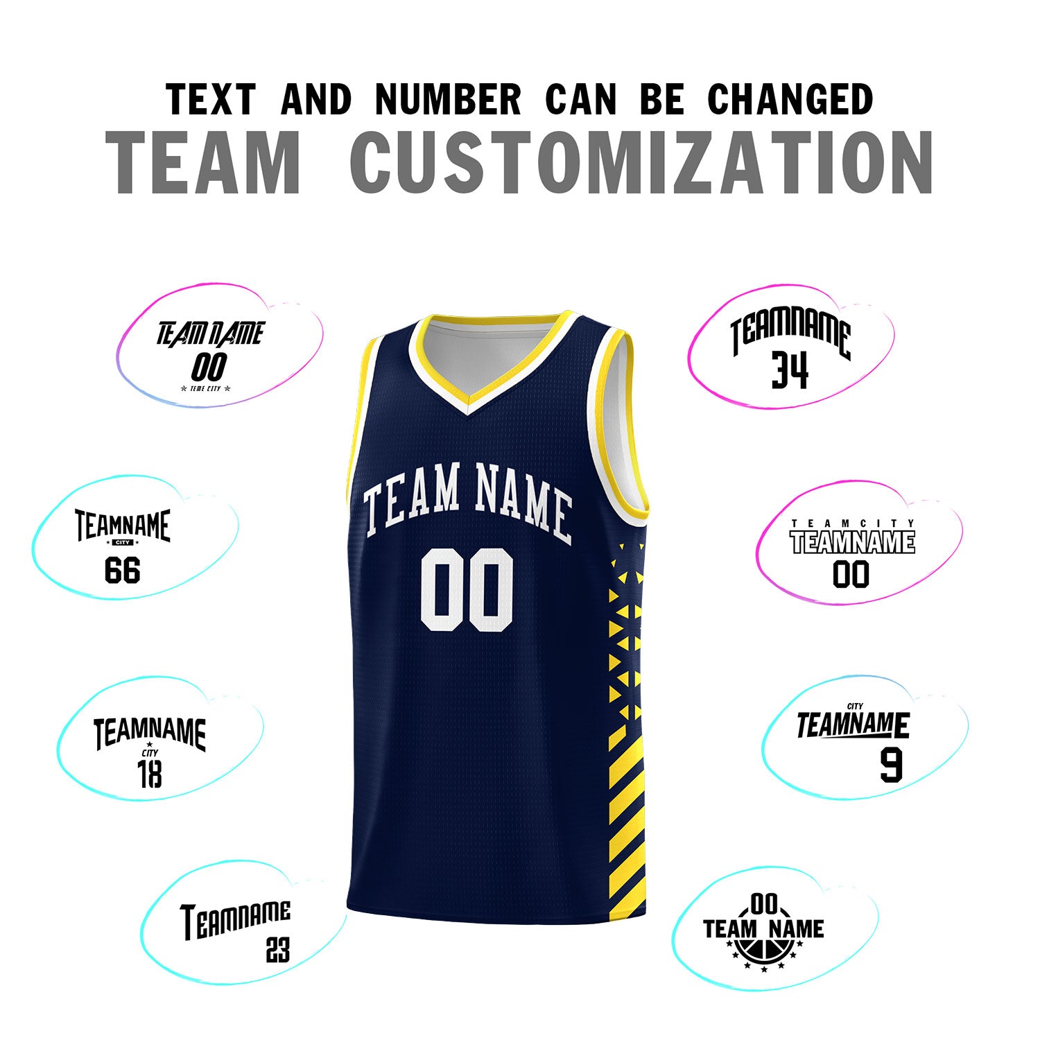 Custom Navy Basketball Kits With Side Gold Diamond Stripe Pattern