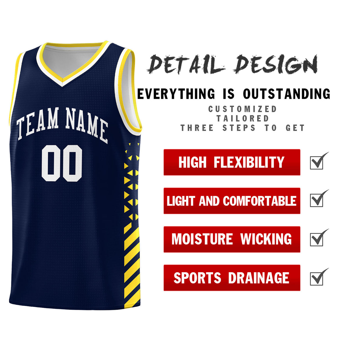 Custom Navy Basketball Kits With Side Gold Diamond Stripe Pattern