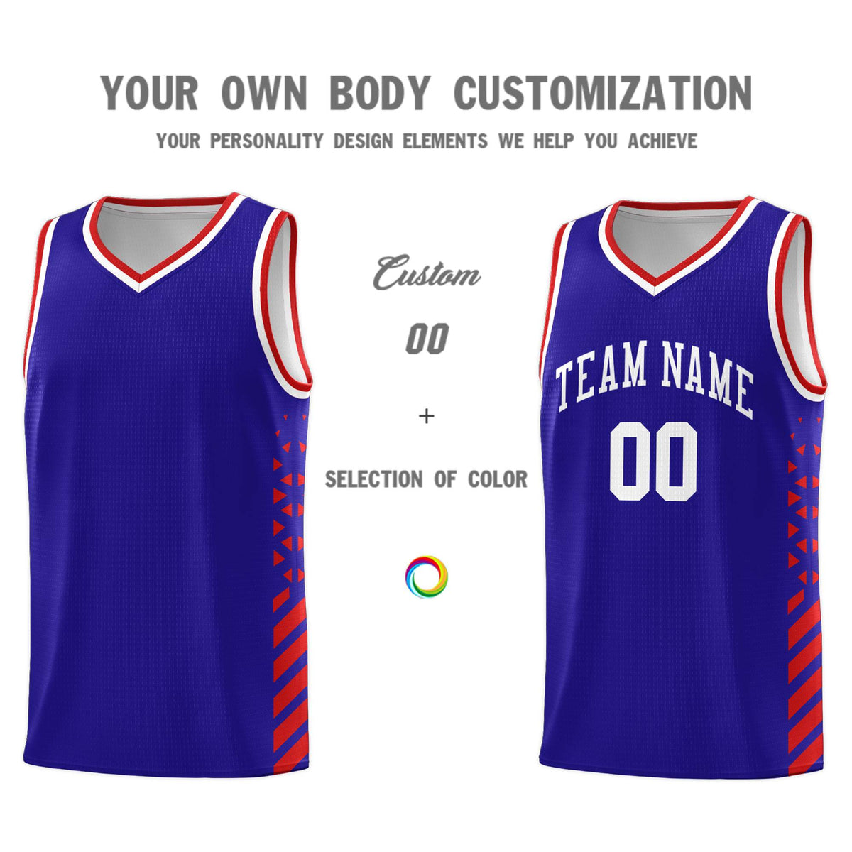 Custom Royal Basketball Kits With Side Red Diamond Stripe Pattern