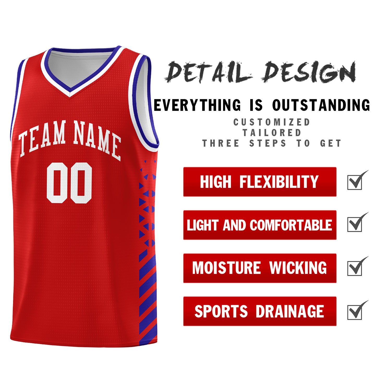 Custom Red Basketball Kits With Side Royal Diamond Stripe Pattern