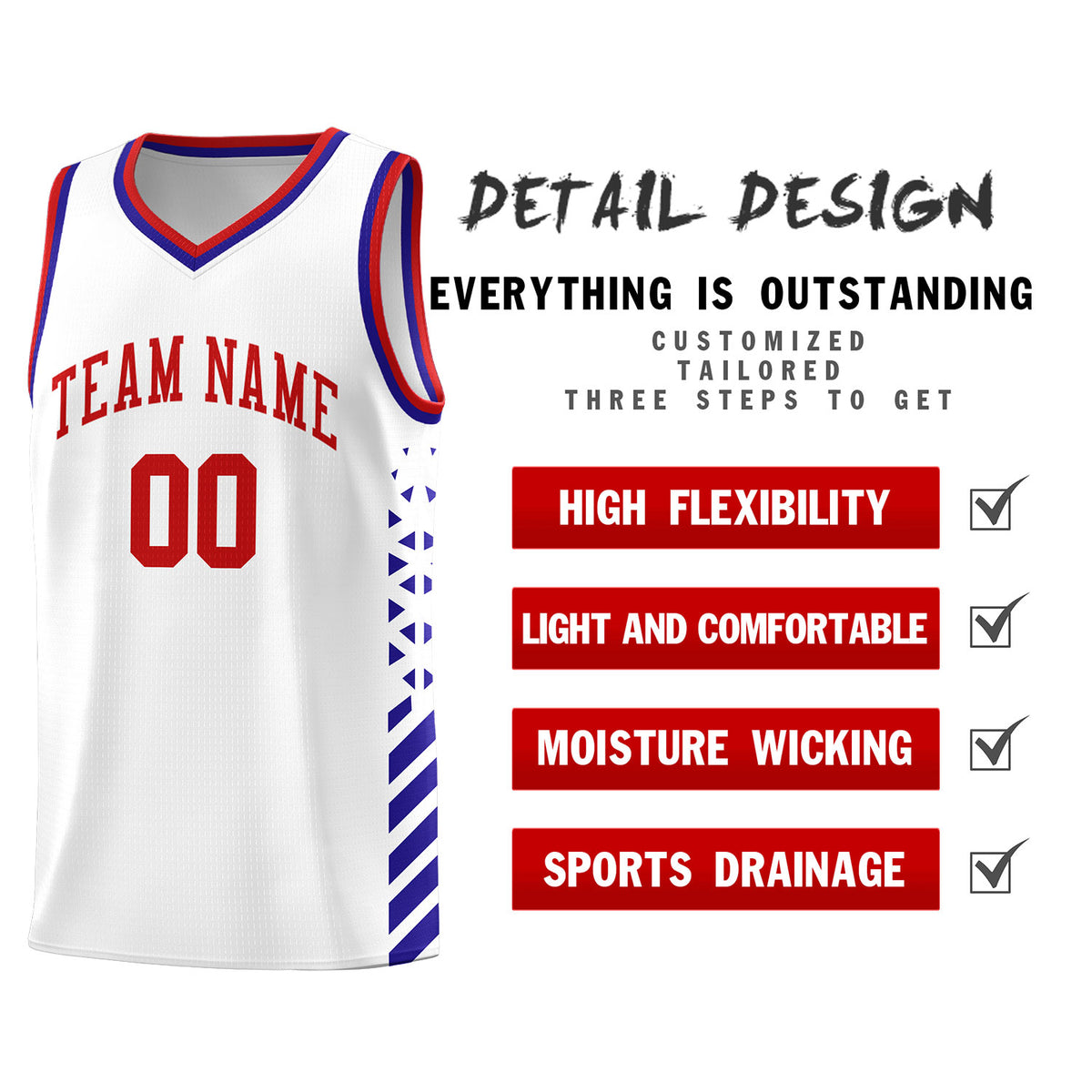 Custom White Basketball Kits With Side Royal Diamond Stripe Pattern