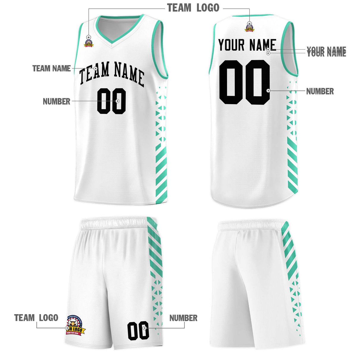 Custom White Basketball Kits With Side Bright Green Diamond Stripe Pattern