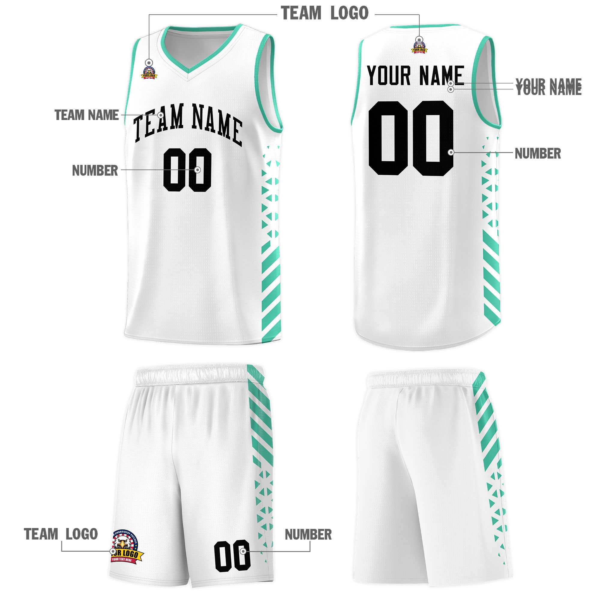 Custom White Basketball Kits With Side Bright Green Diamond Stripe Pattern