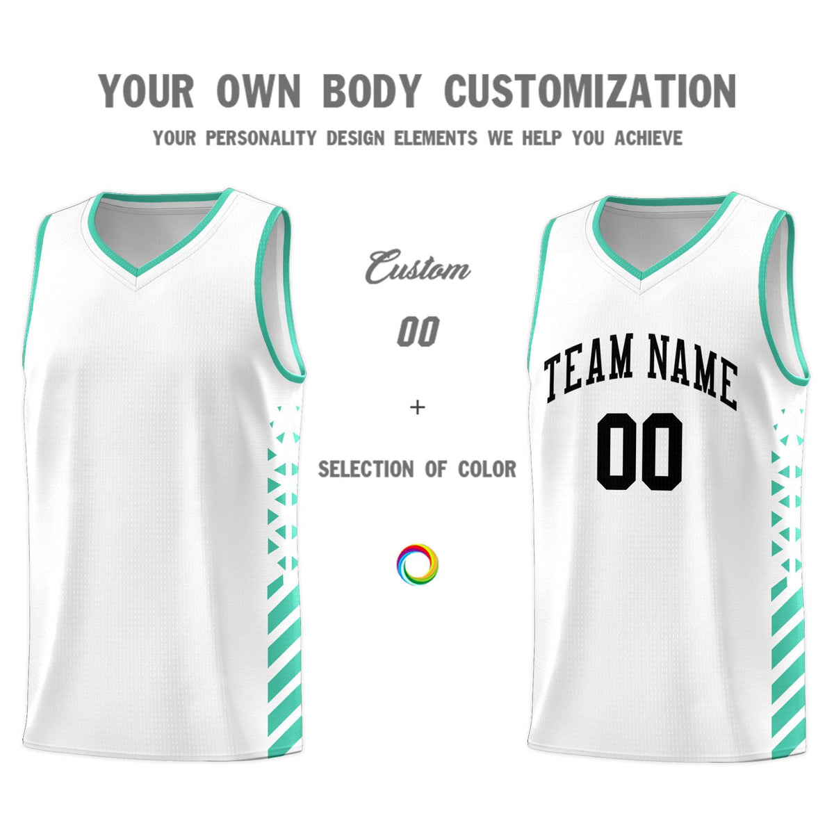 Custom White Basketball Kits With Side Bright Green Diamond Stripe Pattern