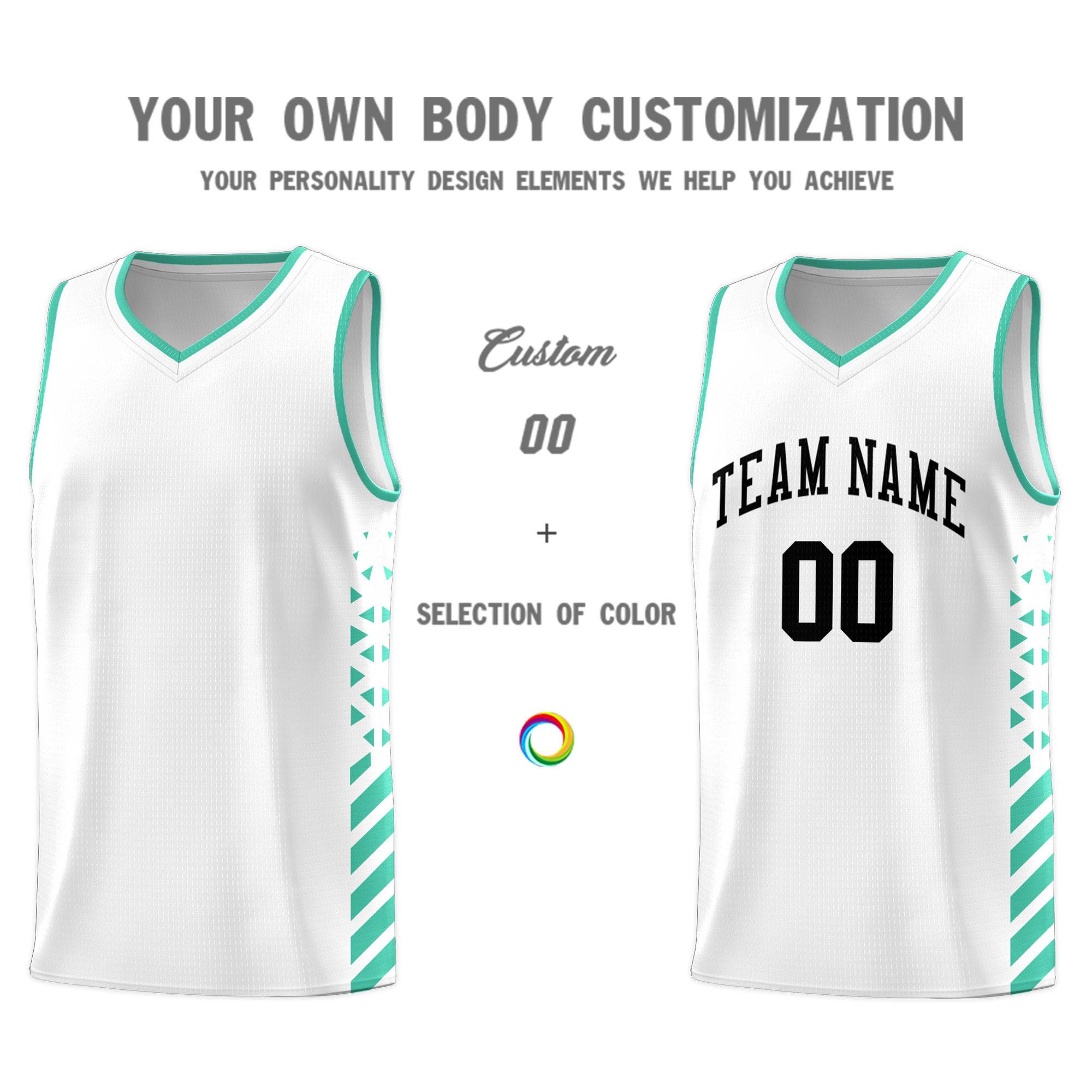 Custom White Basketball Kits With Side Bright Green Diamond Stripe Pattern