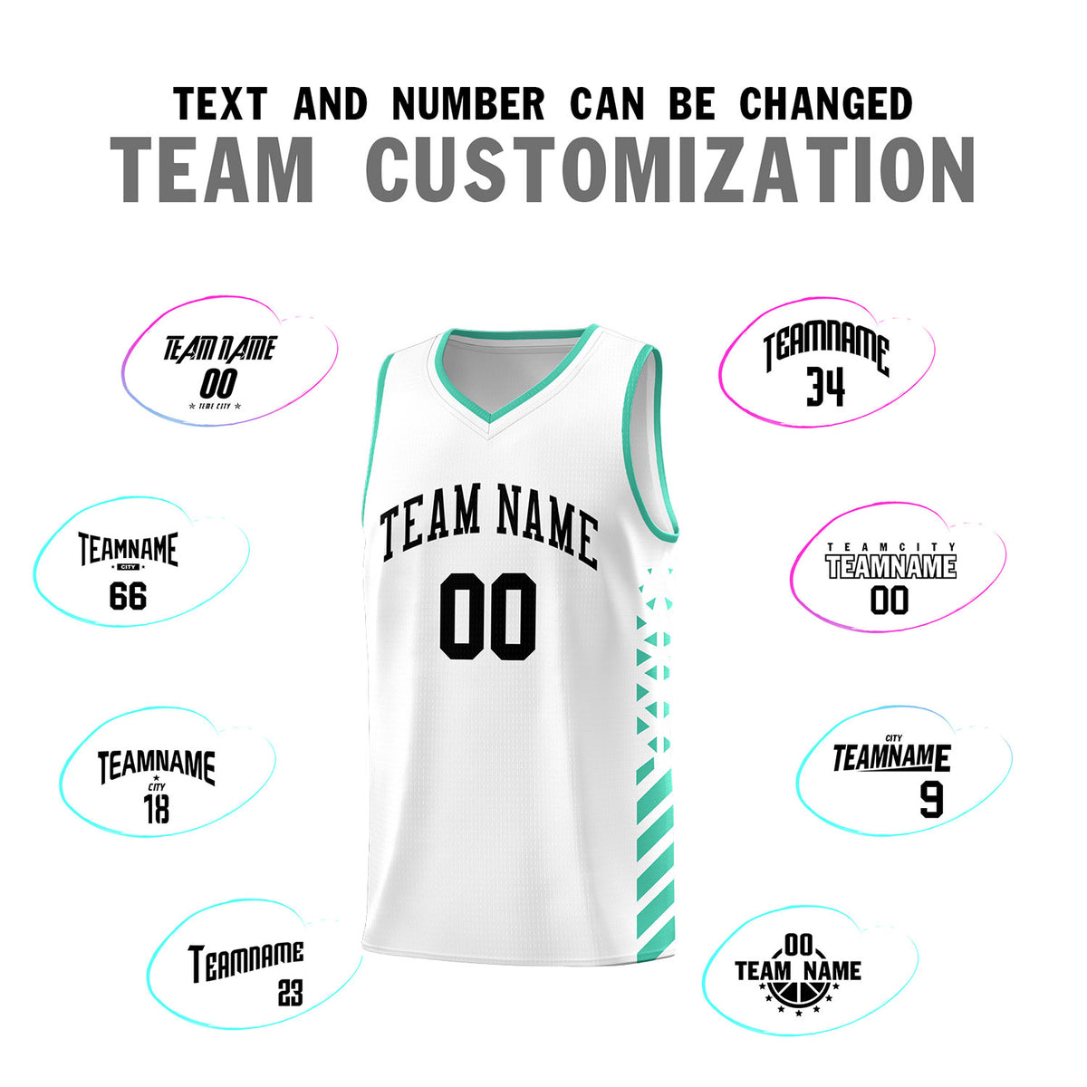 Custom White Basketball Kits With Side Bright Green Diamond Stripe Pattern