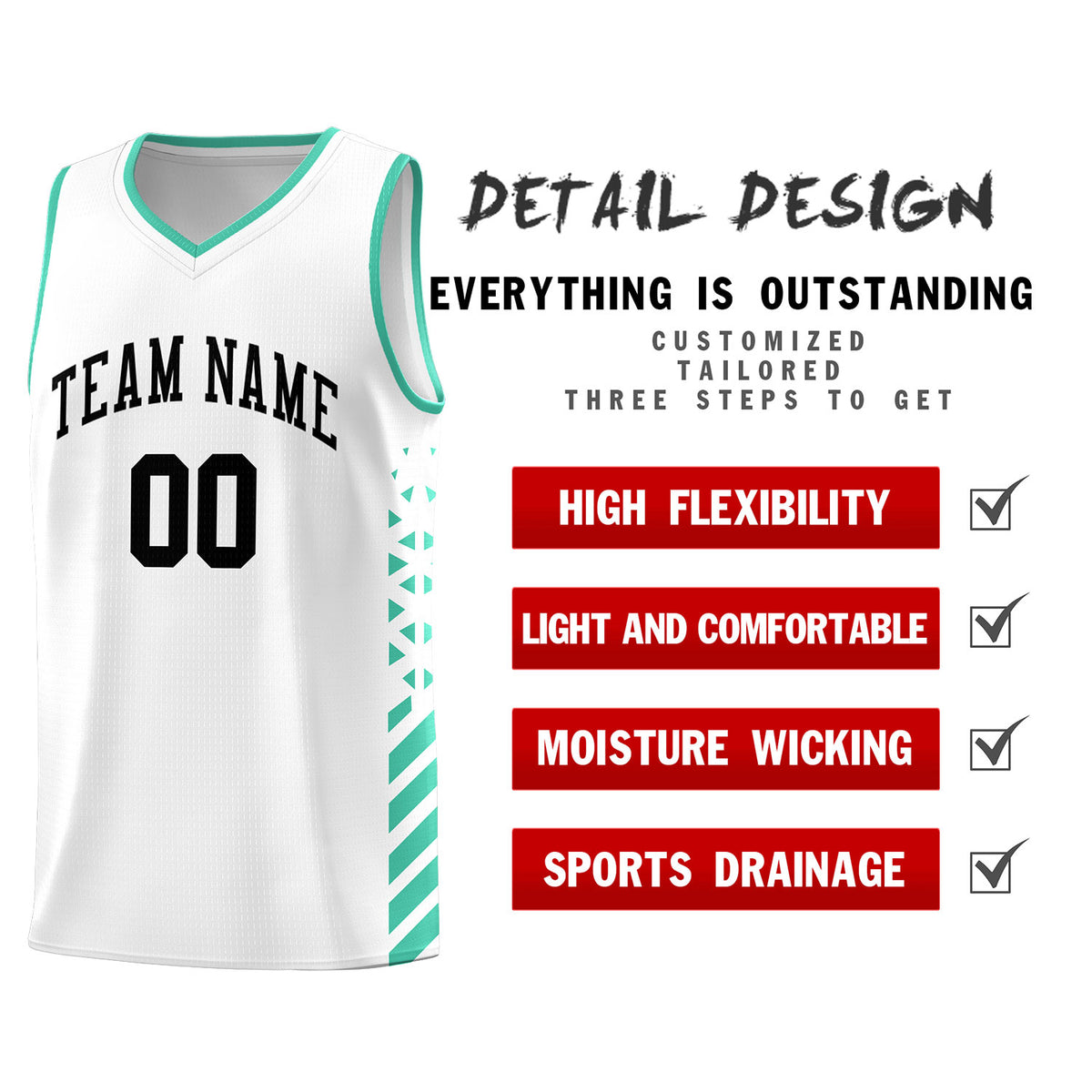 Custom White Basketball Kits With Side Bright Green Diamond Stripe Pattern