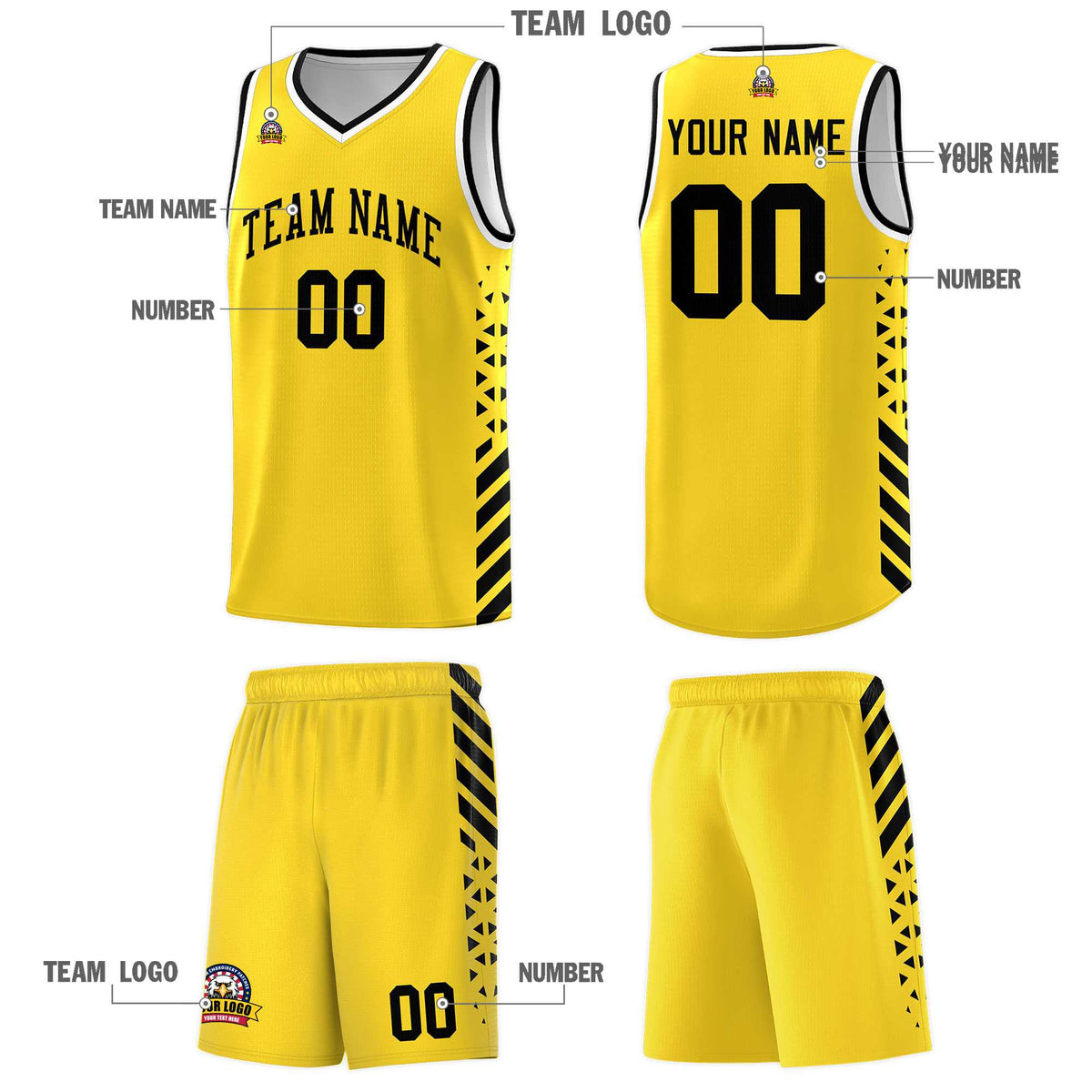 Custom Gold Basketball Kits With Side Black Diamond Stripe Pattern