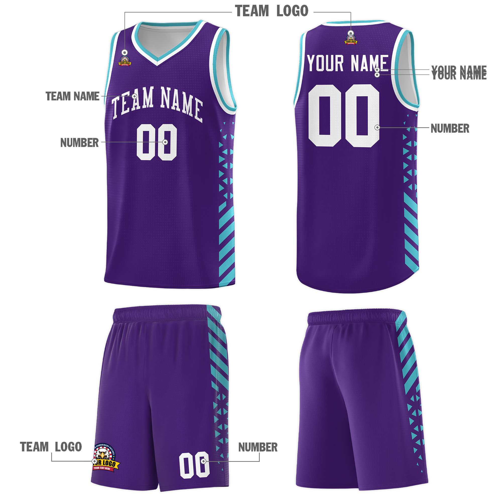 Custom Purple Basketball Kits With Side Sky Blue Diamond Stripe Pattern