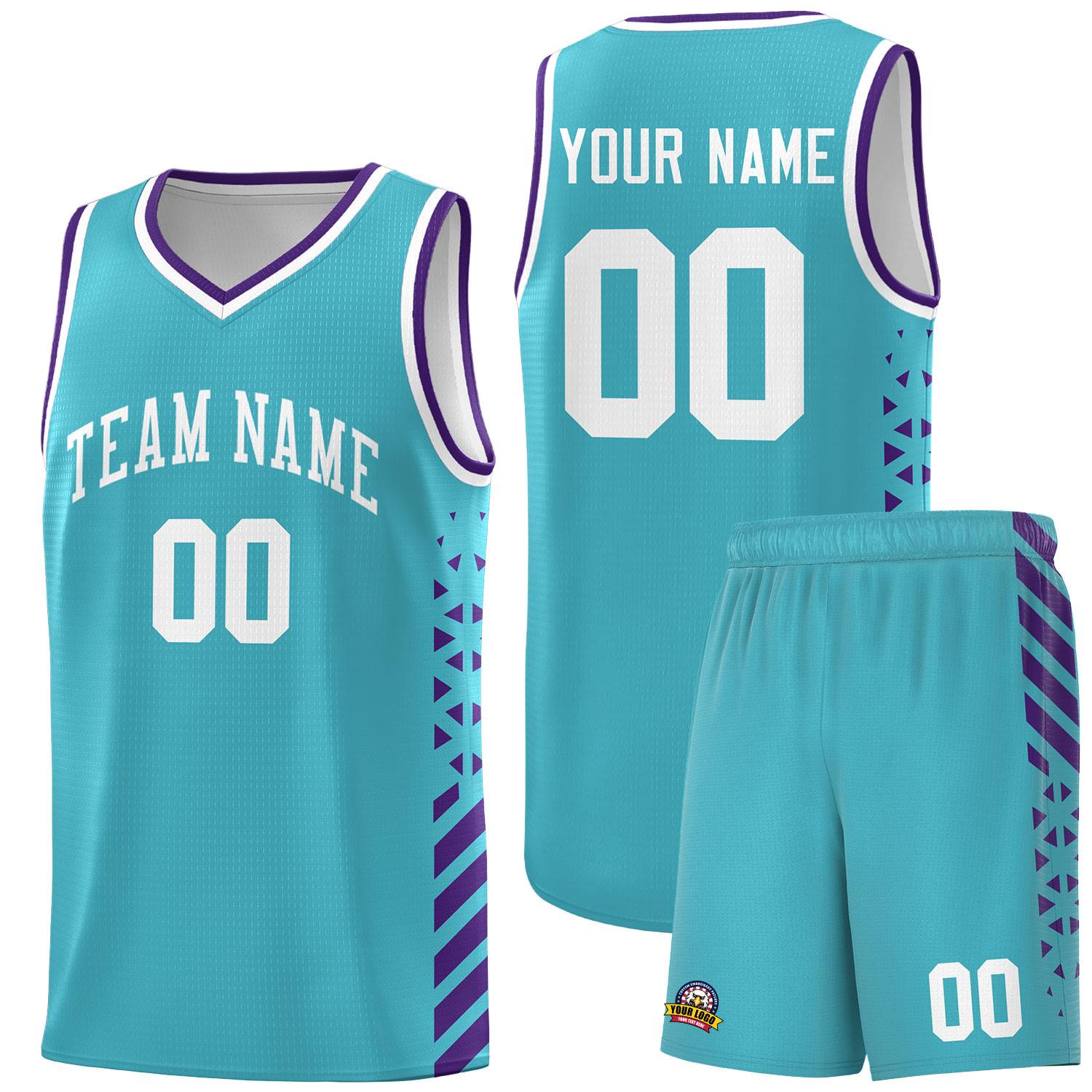 Custom Sky Blue Basketball Kits With Side Purple Diamond Stripe Pattern