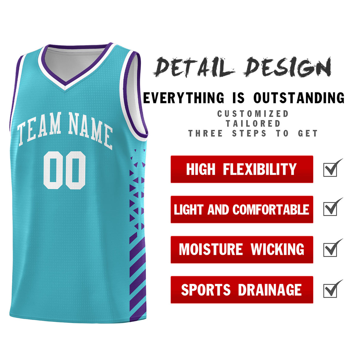 Custom Sky Blue Basketball Kits With Side Purple Diamond Stripe Pattern